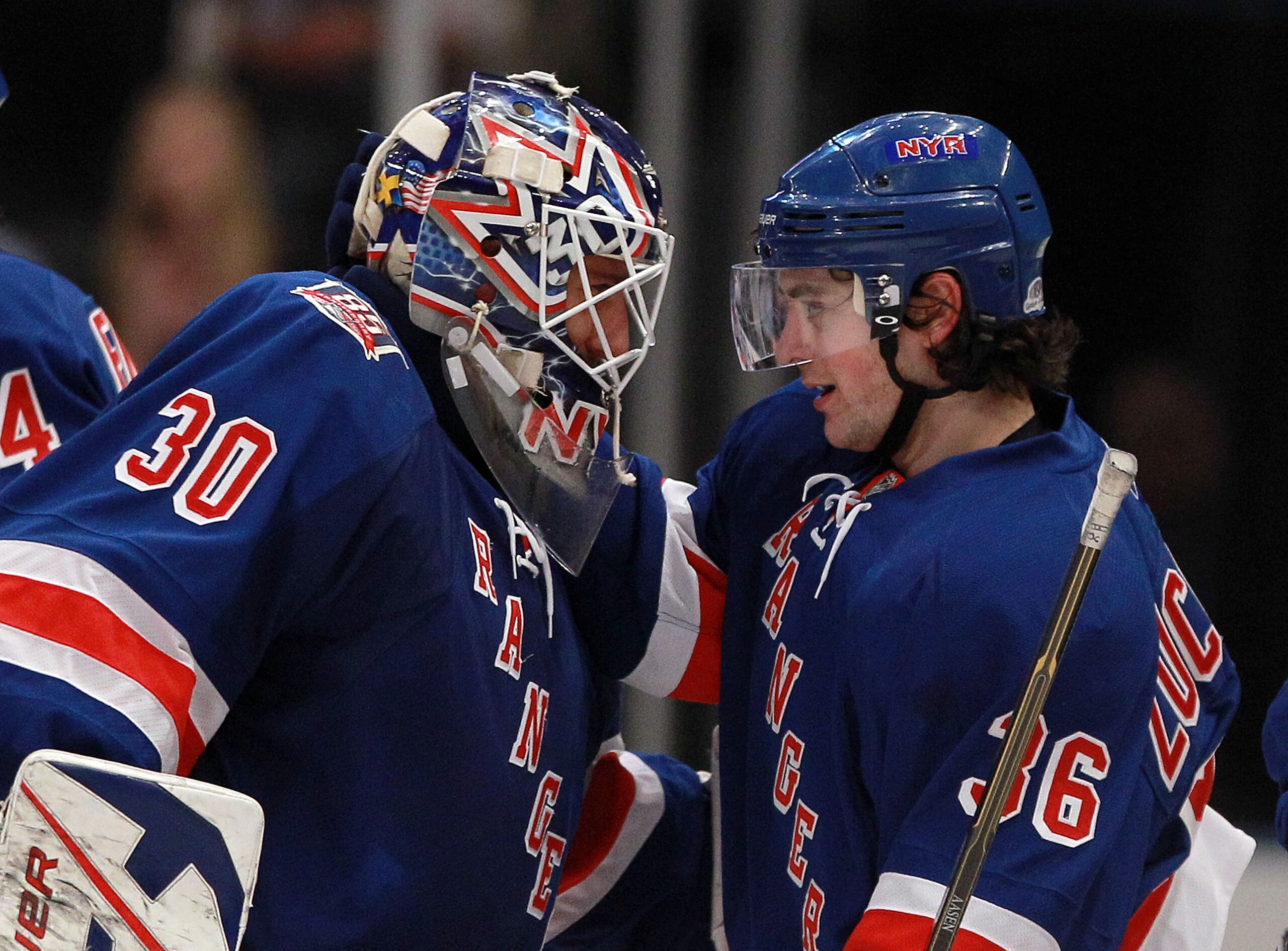 NEW YORK, NY - JANUARY 05: Henrik Lundqvist #30 and Mats Zuccarello #36 of the New York Rangers celebrate their 2-1 overtime win over the Carolina Hurricanes at Madison Square Garden on January 5, 2011 in New York City. (Photo by Bruce Bennett/Getty Ima NEW YORK, NY - JANUARY 05: Henrik Lundqvist #30 and Mats Zuccarello #36 of the New York Rangers celebrate their 2-1 overtime win over the Carolina Hurricanes at Madison Square Garden on January 5, 2011 in New York City. (Photo by Bruce Bennett/Getty Ima
