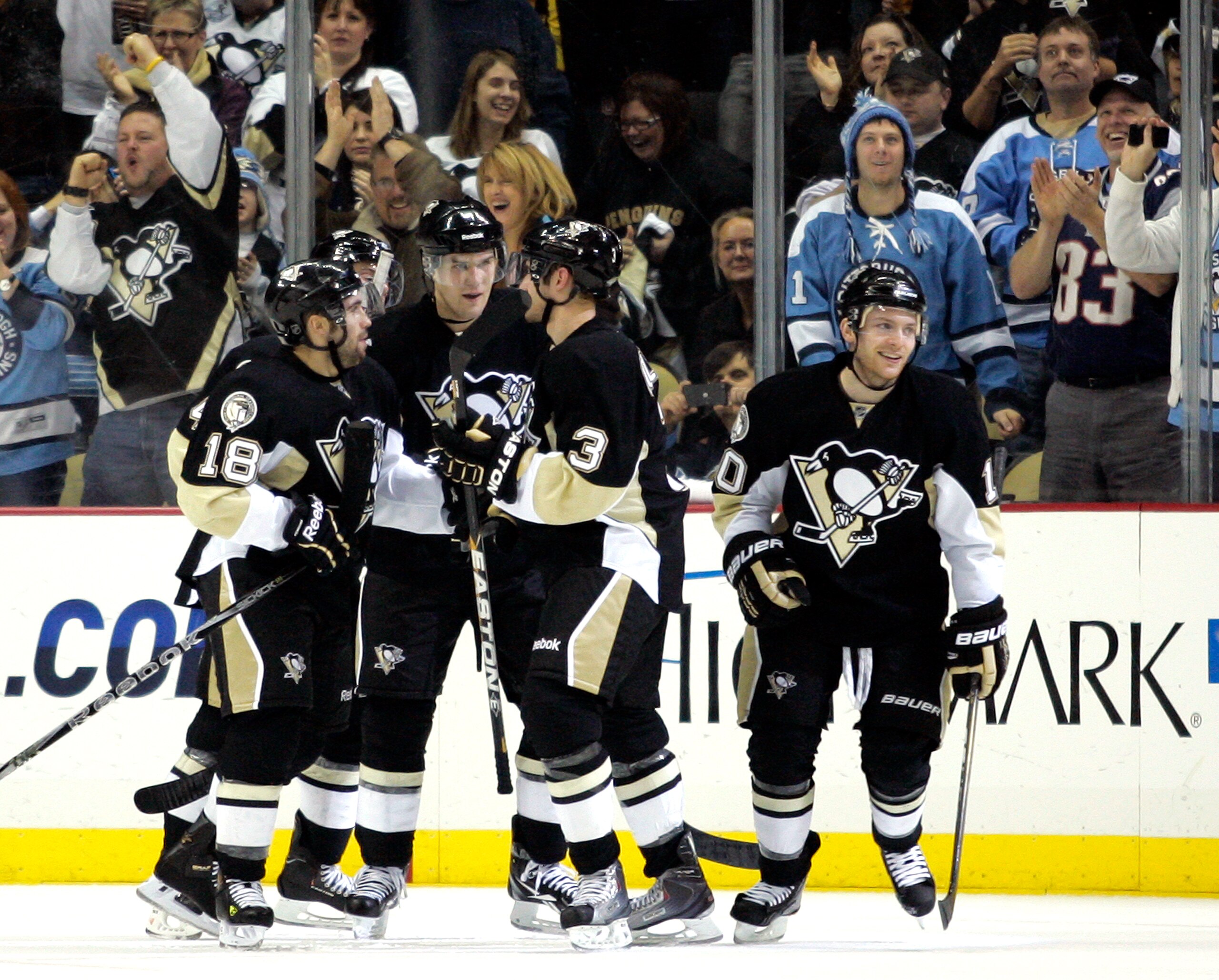PITTSBURGH, PA - JANUARY 05: Mark Letestu #10 of the Pittsburgh Penguins celebrates his second period goal with teammates against the Tampa Bay Lightning on January 5, 2011 at Consol Energy Center in Pittsburgh, Pennsylvania. (Photo by Justin K. Aller/G PITTSBURGH, PA - JANUARY 05: Mark Letestu #10 of the Pittsburgh Penguins celebrates his second period goal with teammates against the Tampa Bay Lightning on January 5, 2011 at Consol Energy Center in Pittsburgh, Pennsylvania. (Photo by Justin K. Aller/G