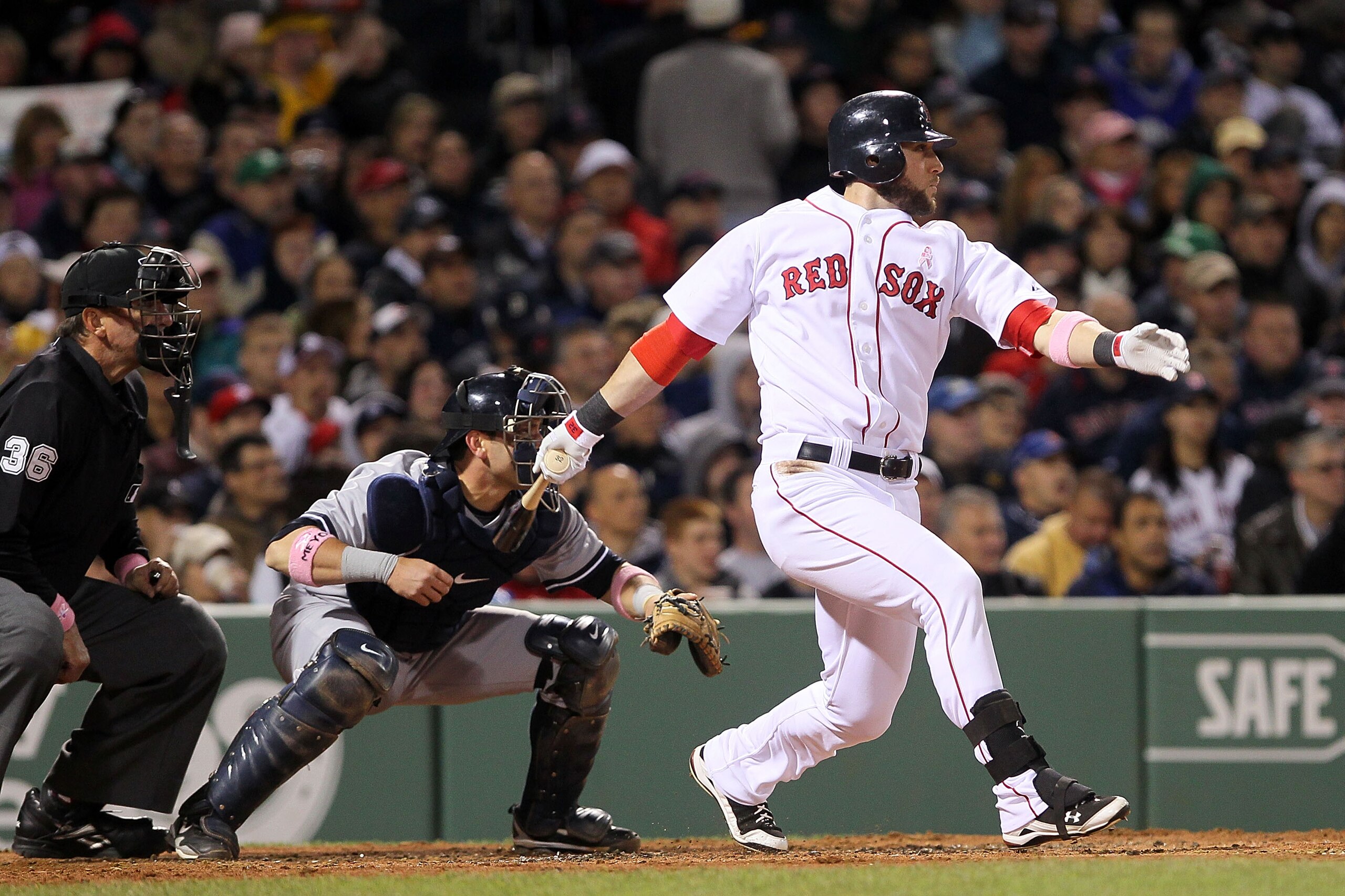BOSTON - MAY 9:  Jeremy Hermida #32 of the Boston Red Sox gets a hit against the New York Yankees at Fenway Park on May 9, 2010 in Boston, Massachusetts. (Photo by Jim Rogash/Getty Images)