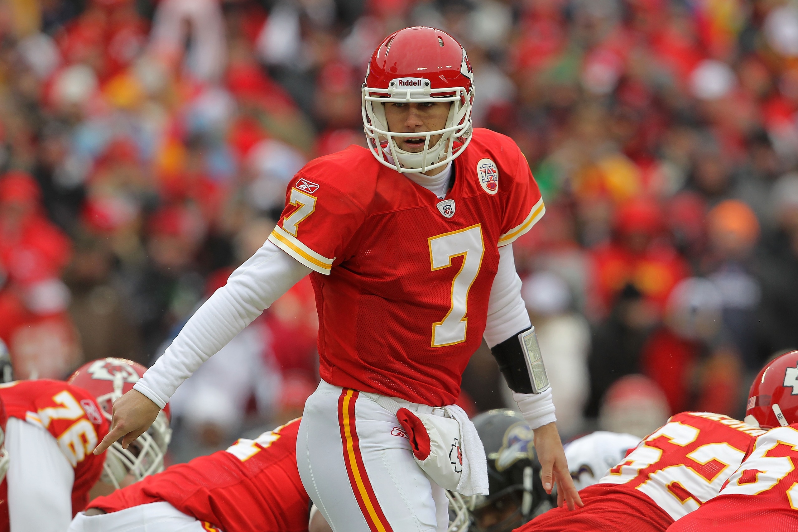 KANSAS CITY, MO - JANUARY 09: Quarterback Matt Cassel #7 of the Kansas City Chiefs signals to a teammate during their game against the Baltimore Ravens in the 2011 AFC wild card playoff game at Arrowhead Stadium on January 9, 2011 in Kansas City, Missour KANSAS CITY, MO - JANUARY 09: Quarterback Matt Cassel #7 of the Kansas City Chiefs signals to a teammate during their game against the Baltimore Ravens in the 2011 AFC wild card playoff game at Arrowhead Stadium on January 9, 2011 in Kansas City, Missour