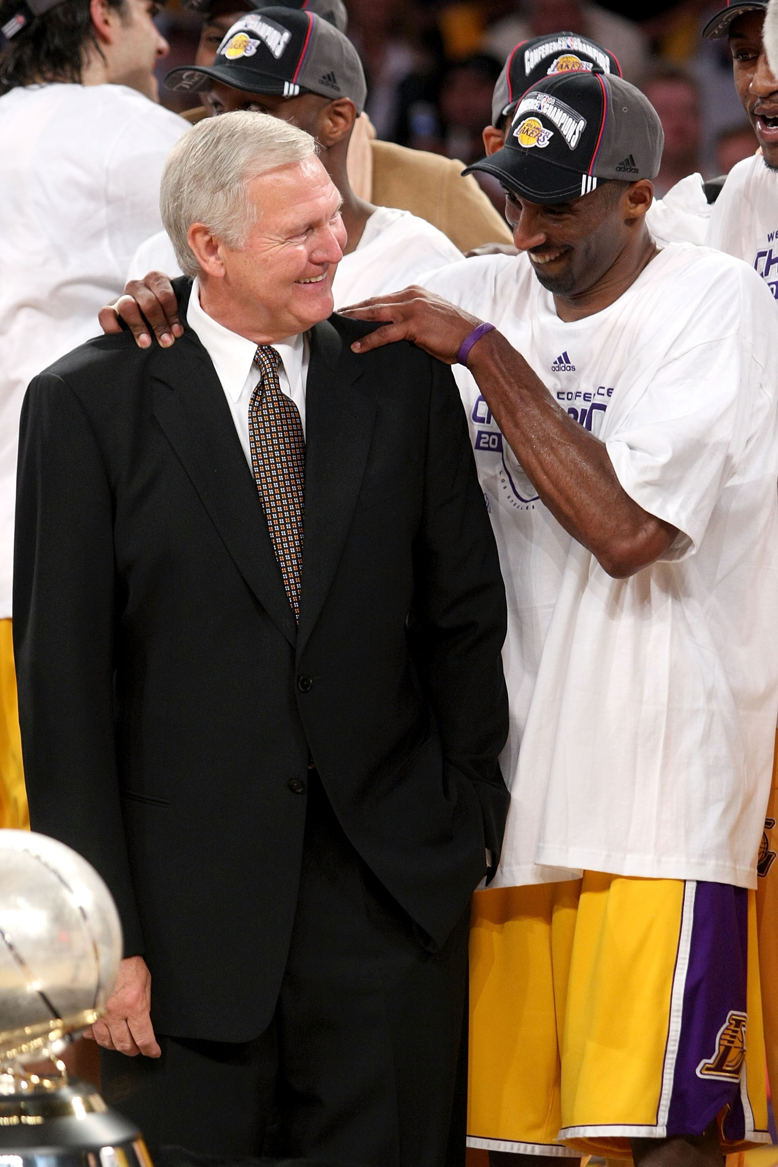 LOS ANGELES, CA - MAY 29:  Los Angeles Lakers legend Jerry West and Kobe Bryant #24 of the Los Angeles Lakers celebrate after the Lakers defeated the San Antonio Spurs in Game Five of the Western Conference Finals during the 2008 NBA Playoffs on May 29, 2