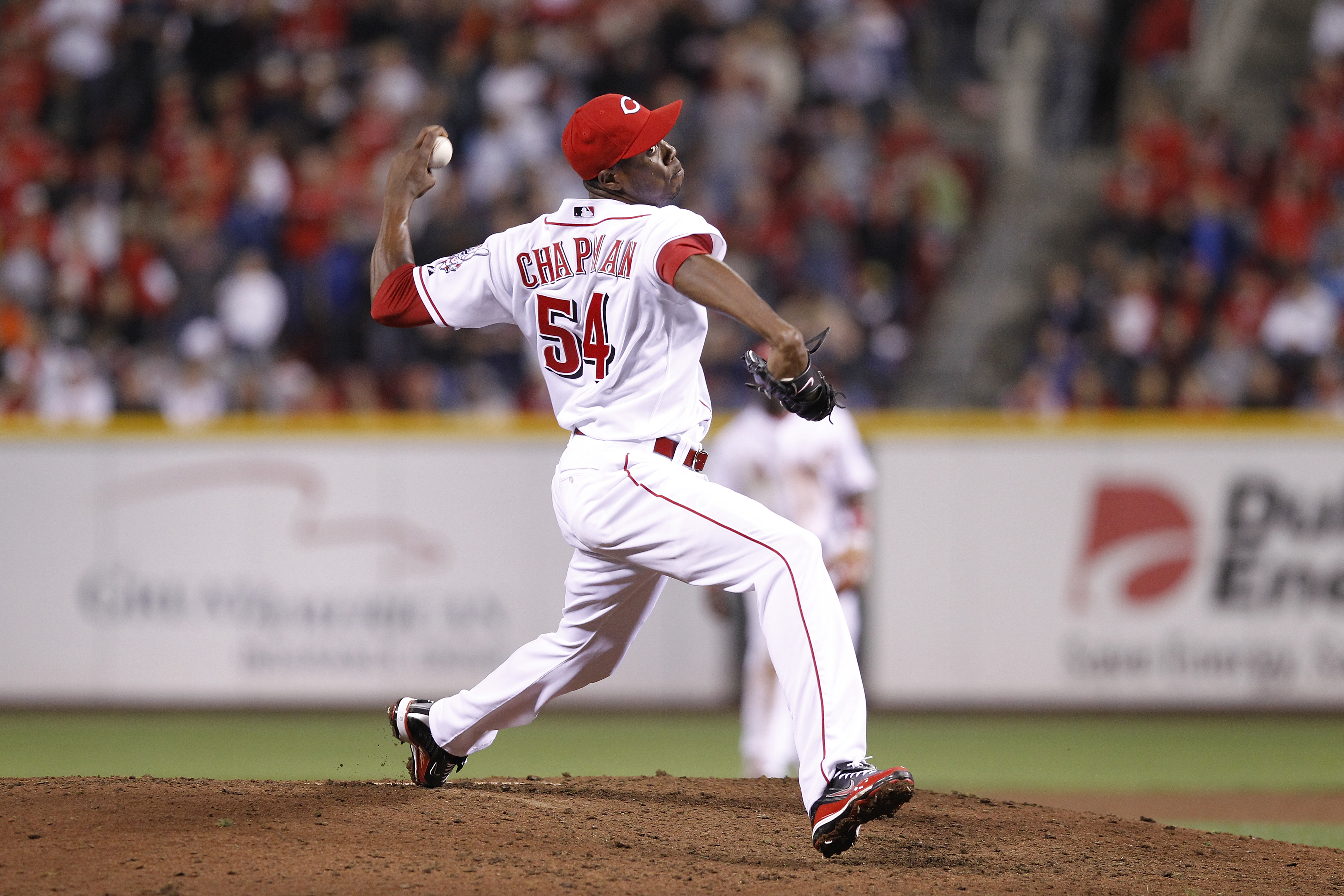 CINCINNATI, OH - SEPTEMBER 28: Aroldis Chapman #54 of the Cincinnati Reds pitches against the Houston Astros at Great American Ball Park on September 28, 2010 in Cincinnati, Ohio. The Reds won 3-2 to clinch the NL Central Division title. (Photo by Joe Rob