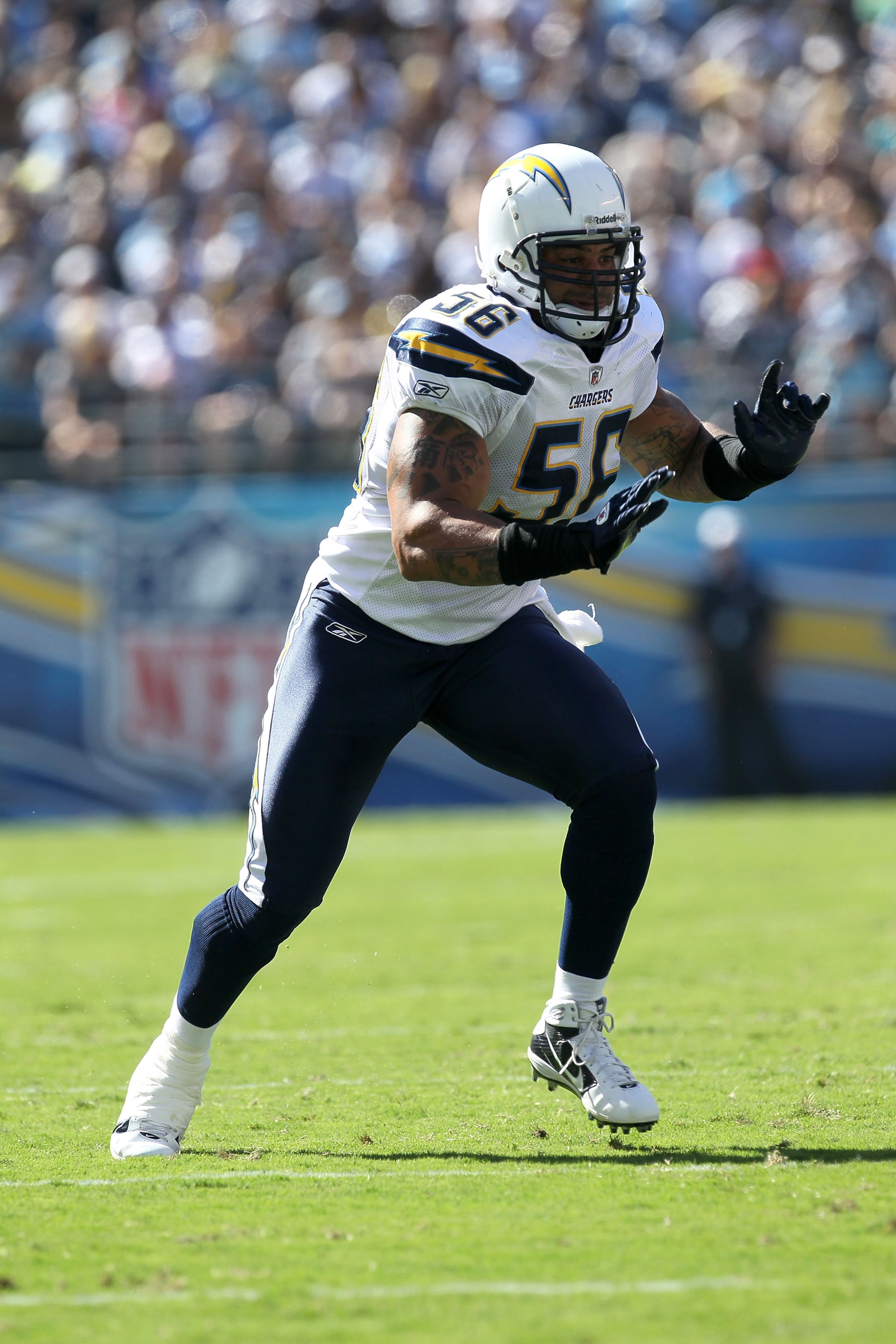 SAN DIEGO - SEPTEMBER 19: Linebacker Shawne Merriman #56 of the San Diego Chargers comes off the line of scrimmage against the Jacksonville Jaguars at Qualcomm Stadium on September 19, 2010 in San Diego, California. The Chargers won 38-13. (Photo by Ste SAN DIEGO - SEPTEMBER 19: Linebacker Shawne Merriman #56 of the San Diego Chargers comes off the line of scrimmage against the Jacksonville Jaguars at Qualcomm Stadium on September 19, 2010 in San Diego, California. The Chargers won 38-13. (Photo by Ste
