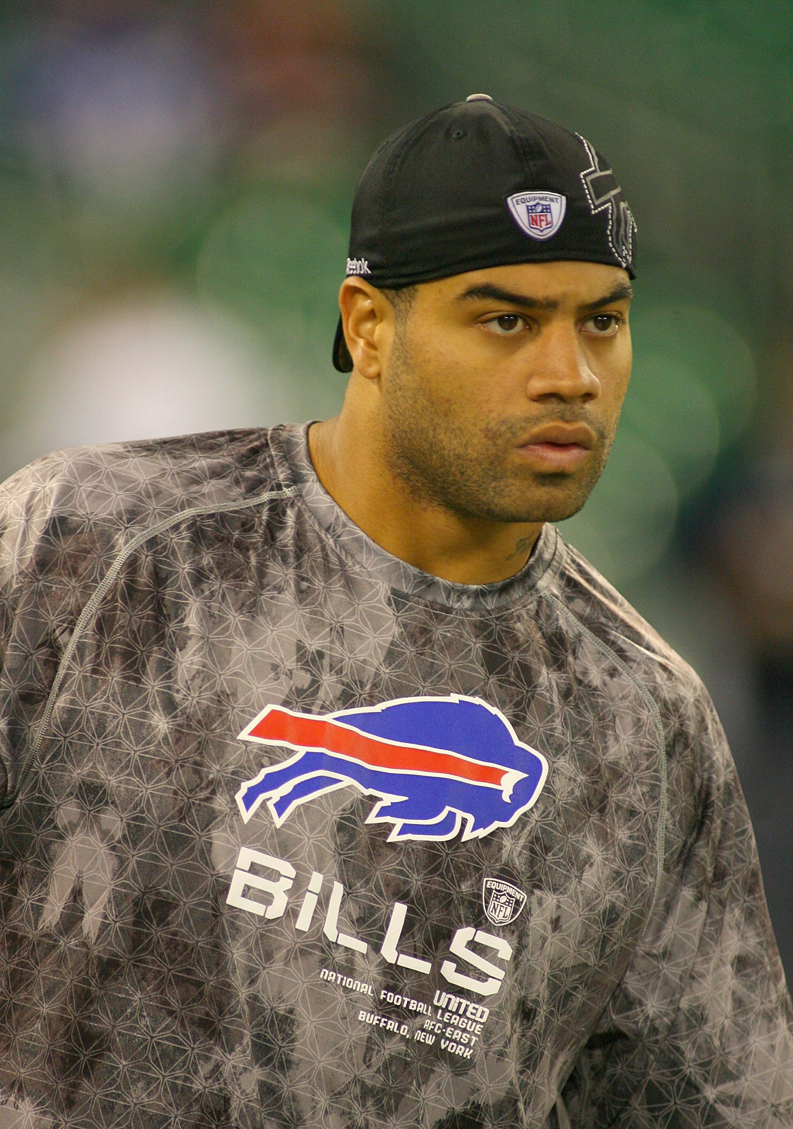 TORONTO, ON - NOVEMBER 07: Shawne Merriman of the Buffalo Bills stands on the field prior to play against the Chicago Bears at Rogers Centre on November 7, 2010 in Toronto, Canada. Merriman was claimed this week after being waived by the San Diego Charge TORONTO, ON - NOVEMBER 07: Shawne Merriman of the Buffalo Bills stands on the field prior to play against the Chicago Bears at Rogers Centre on November 7, 2010 in Toronto, Canada. Merriman was claimed this week after being waived by the San Diego Charge
