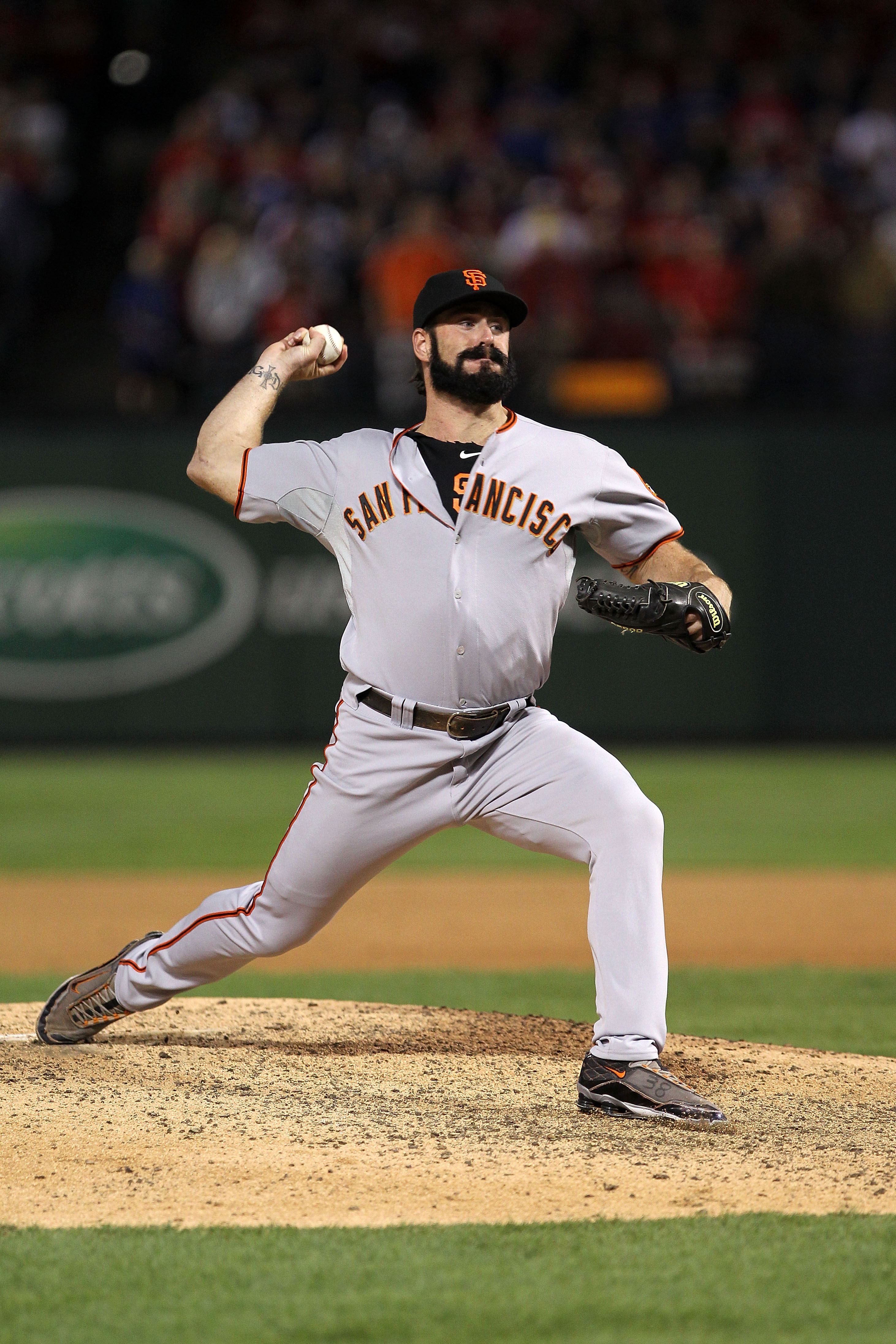 ARLINGTON, TX - NOVEMBER 01:  Brian Wilson #38 of the San Francisco Giants pitchers against the Texas Rangers in Game Five of the 2010 MLB World Series at Rangers Ballpark in Arlington on November 1, 2010 in Arlington, Texas.  (Photo by Doug Pensinger/Get