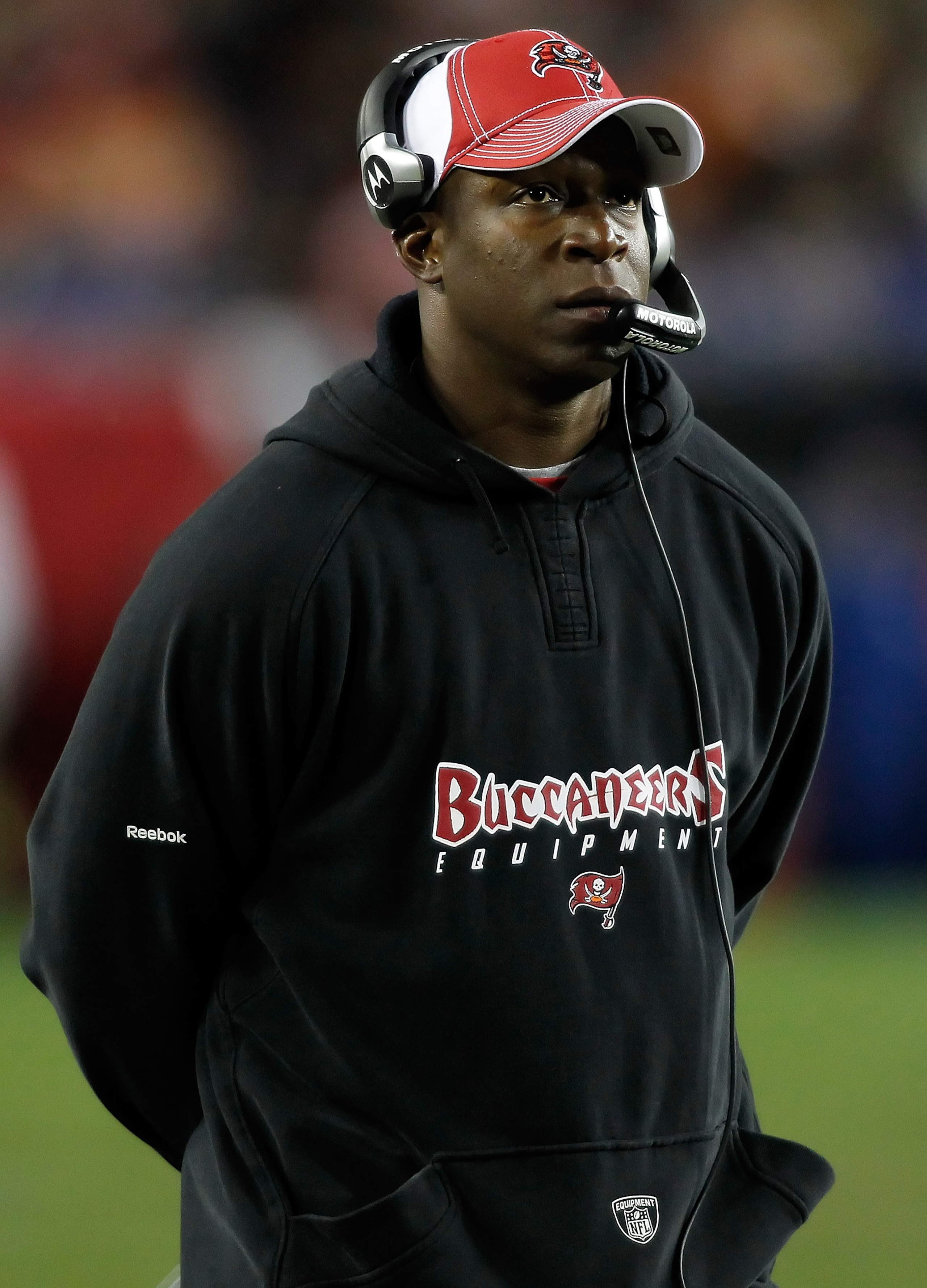 TAMPA, FL - DECEMBER 26:  Head coach Raheem Morris of the Tampa Bay Buccaneers directs his team against the Seattle Seahawks during the game at Raymond James Stadium on December 26, 2010 in Tampa, Florida.  (Photo by J. Meric/Getty Images)