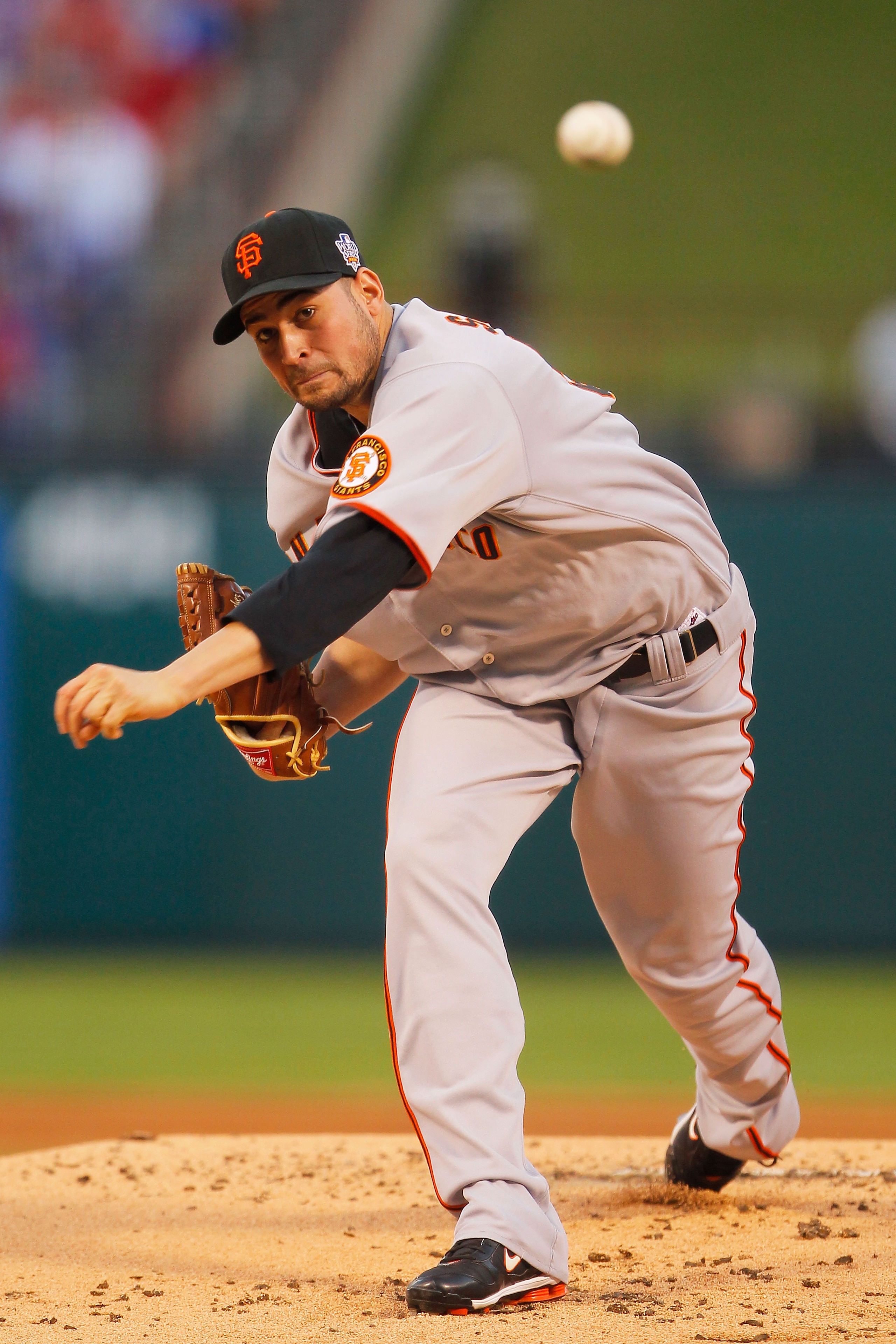 ARLINGTON, TX - OCTOBER 30: Starting pitcher Jonathan Sanchez #57 of the San Francisco Giants pitches against the Texas Rangers in Game Three of the 2010 MLB World Series at Rangers Ballpark in Arlington on October 30, 2010 in Arlington, Texas. (Photo b ARLINGTON, TX - OCTOBER 30: Starting pitcher Jonathan Sanchez #57 of the San Francisco Giants pitches against the Texas Rangers in Game Three of the 2010 MLB World Series at Rangers Ballpark in Arlington on October 30, 2010 in Arlington, Texas. (Photo b