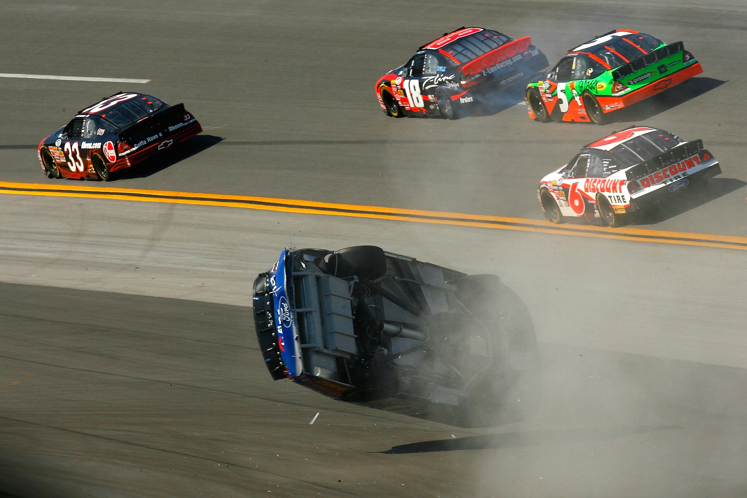 TALLADEGA, AL - APRIL 25:  Matt Kenseth, driver of the #16 CitiFinancial Ford, crashes during the NASCAR Nationwide Series Aaron's 312 at Talladega Superspeedway on April 25, 2009 in Talladega, Alabama.  (Photo by Jason Smith/Getty Images for NASCAR)