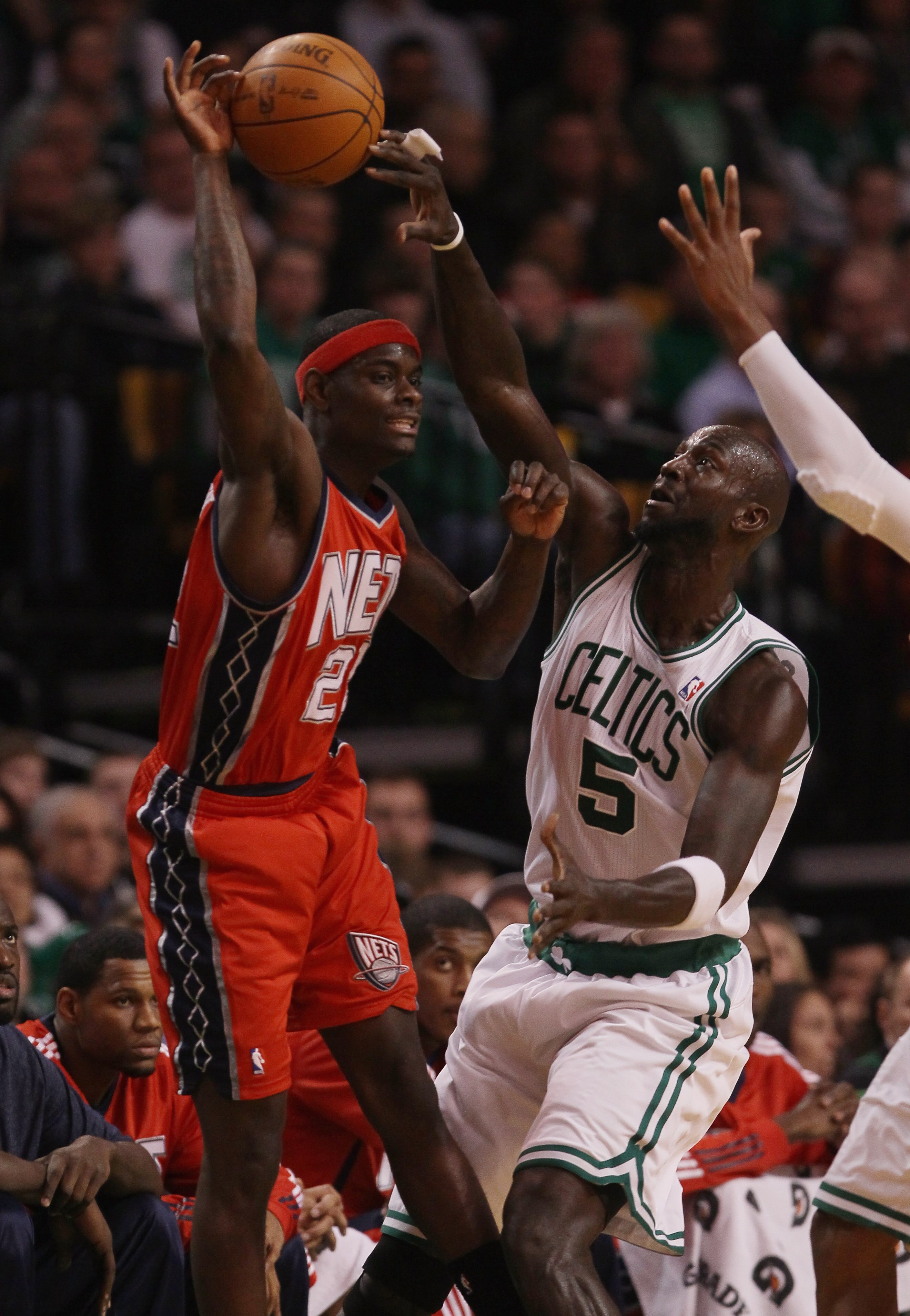 BOSTON - NOVEMBER 24:  Anthony Morrow #22 of the New Jersey Nets tries to pass as Kevin Garnett #5 of the Boston Celtics on November 24, 2010 at the TD Garden in Boston, Massachusetts. NOTE TO USER: User expressly acknowledges and agrees that, by download