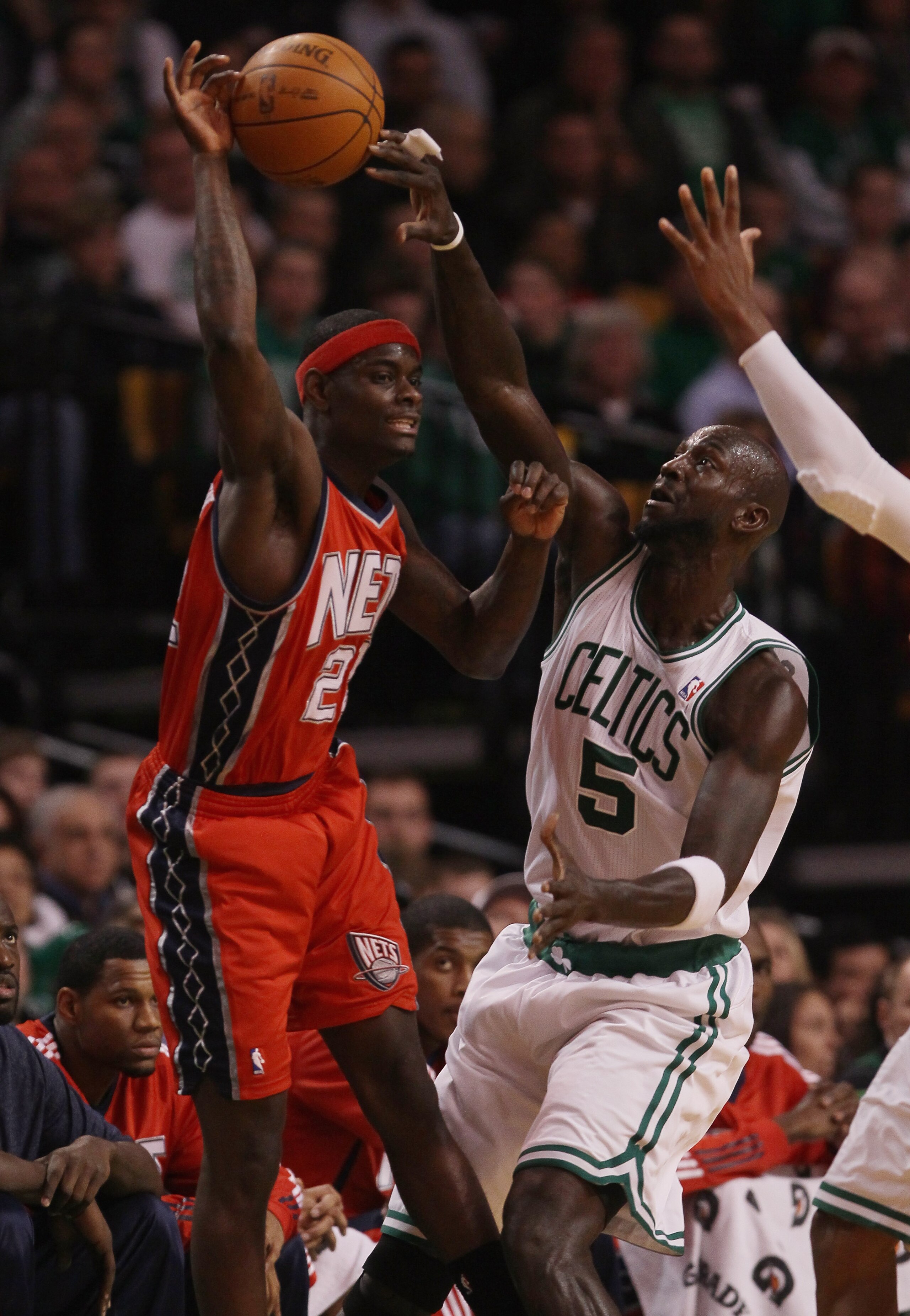 BOSTON - NOVEMBER 24:  Anthony Morrow #22 of the New Jersey Nets tries to pass as Kevin Garnett #5 of the Boston Celtics on November 24, 2010 at the TD Garden in Boston, Massachusetts. NOTE TO USER: User expressly acknowledges and agrees that, by download