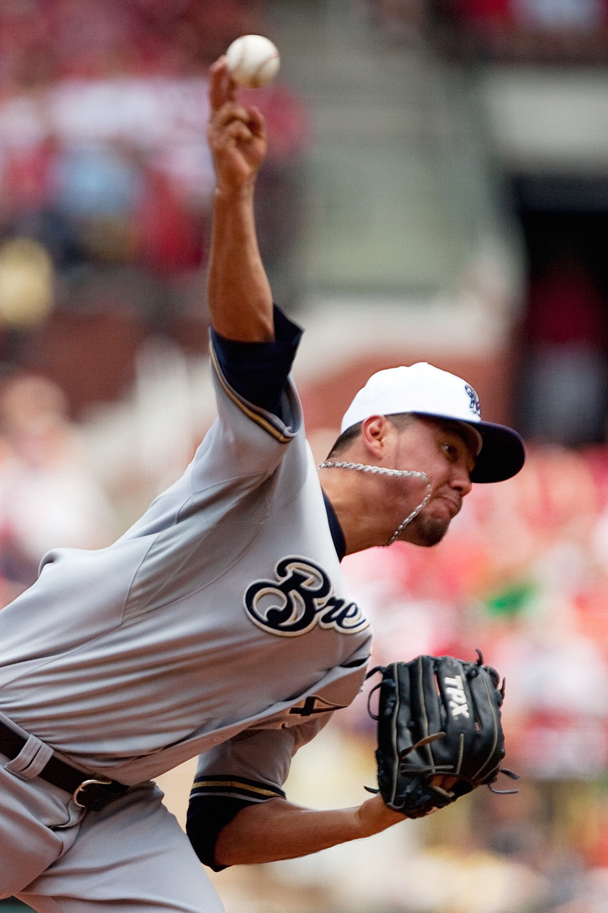 ST. LOUIS - JULY 4: Stating pitcher Yovani Gallardo #49 of the Milwaukee Brewers throws against the St. Louis Cardinals at Busch Stadium on July 4, 2010 in St. Louis, Missouri. The Cardinals beat the Brewers 7-1. (Photo by Dilip Vishwanat/Getty Images) ST. LOUIS - JULY 4: Stating pitcher Yovani Gallardo #49 of the Milwaukee Brewers throws against the St. Louis Cardinals at Busch Stadium on July 4, 2010 in St. Louis, Missouri. The Cardinals beat the Brewers 7-1. (Photo by Dilip Vishwanat/Getty Images)