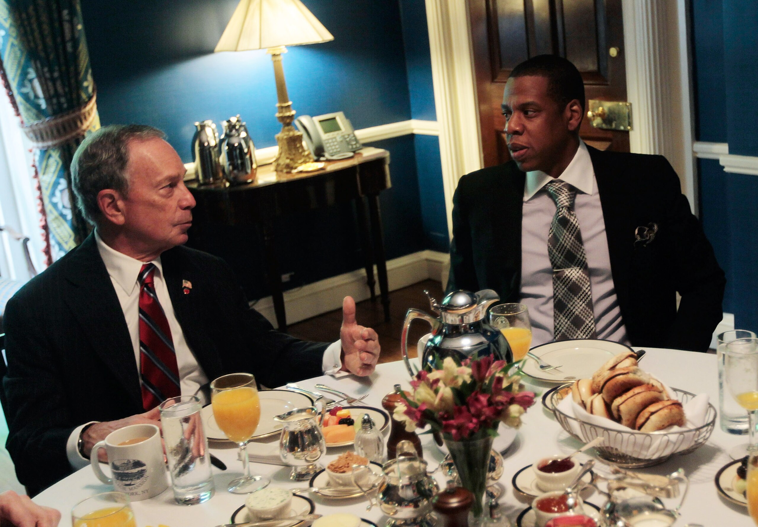 NEW YORK - MAY 19:  New York City Mayor Michael Bloomberg (L), and rapper and New Jersey Nets basketball team co-owner Shawn 'Jay-Z' Carter (R), attend a breakfast meeting at Gracie Mansion May 19, 2010 in New York City.  The rapper has been involved with