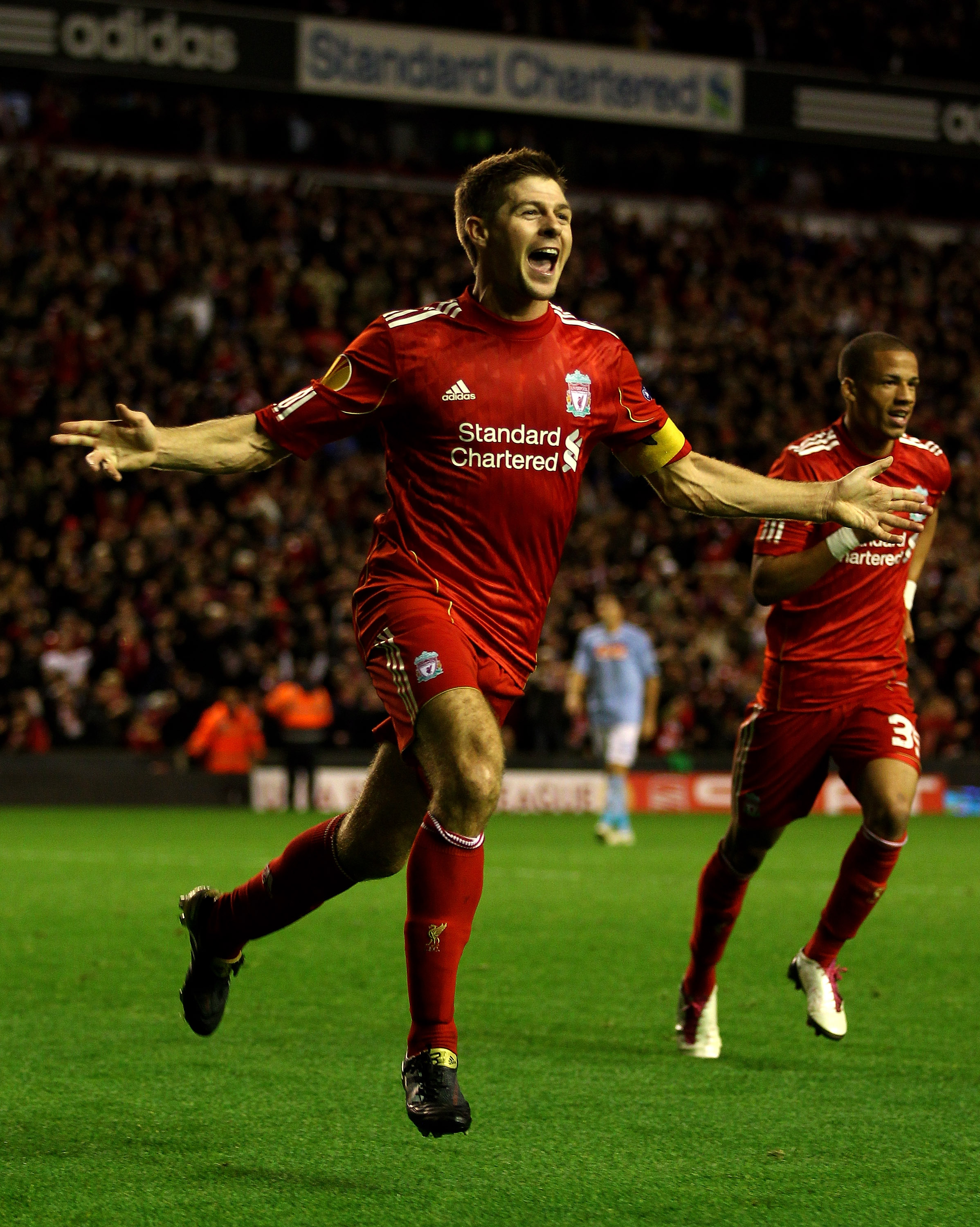 LIVERPOOL, ENGLAND - NOVEMBER 04:  Steven Gerrard of Liverpool celebrates scoring his team's third goal and hs hat trick during the UEFA Europa League Group K match beteween Liverpool and SSC Napoli at Anfield on November 4, 2010 in Liverpool, England.  (