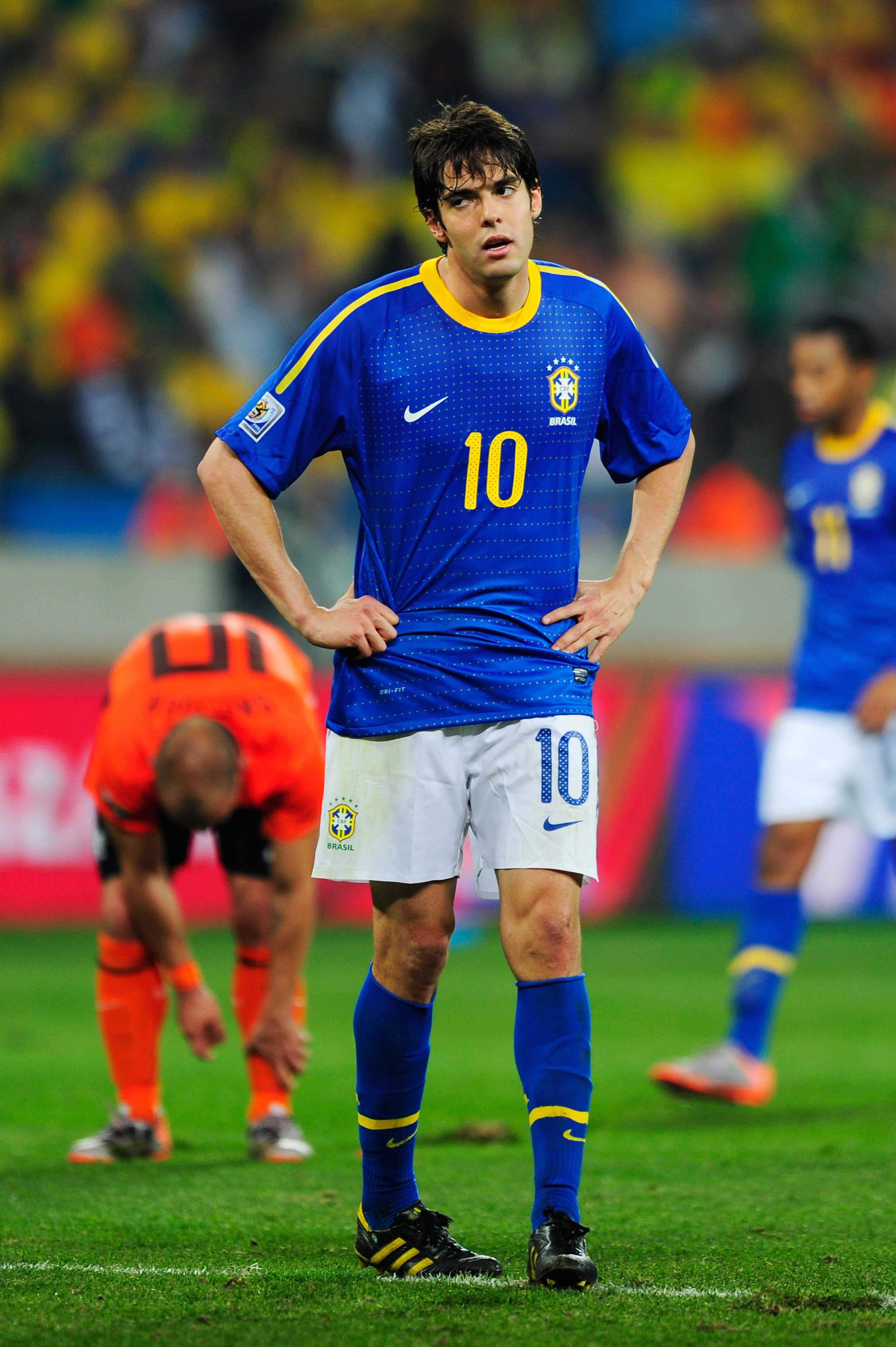 PORT ELIZABETH, SOUTH AFRICA - JULY 02: Kaka of Brazil looks dejected during the 2010 FIFA World Cup South Africa Quarter Final match between Netherlands and Brazil at Nelson Mandela Bay Stadium on July 2, 2010 in Nelson Mandela Bay/Port Elizabeth, South