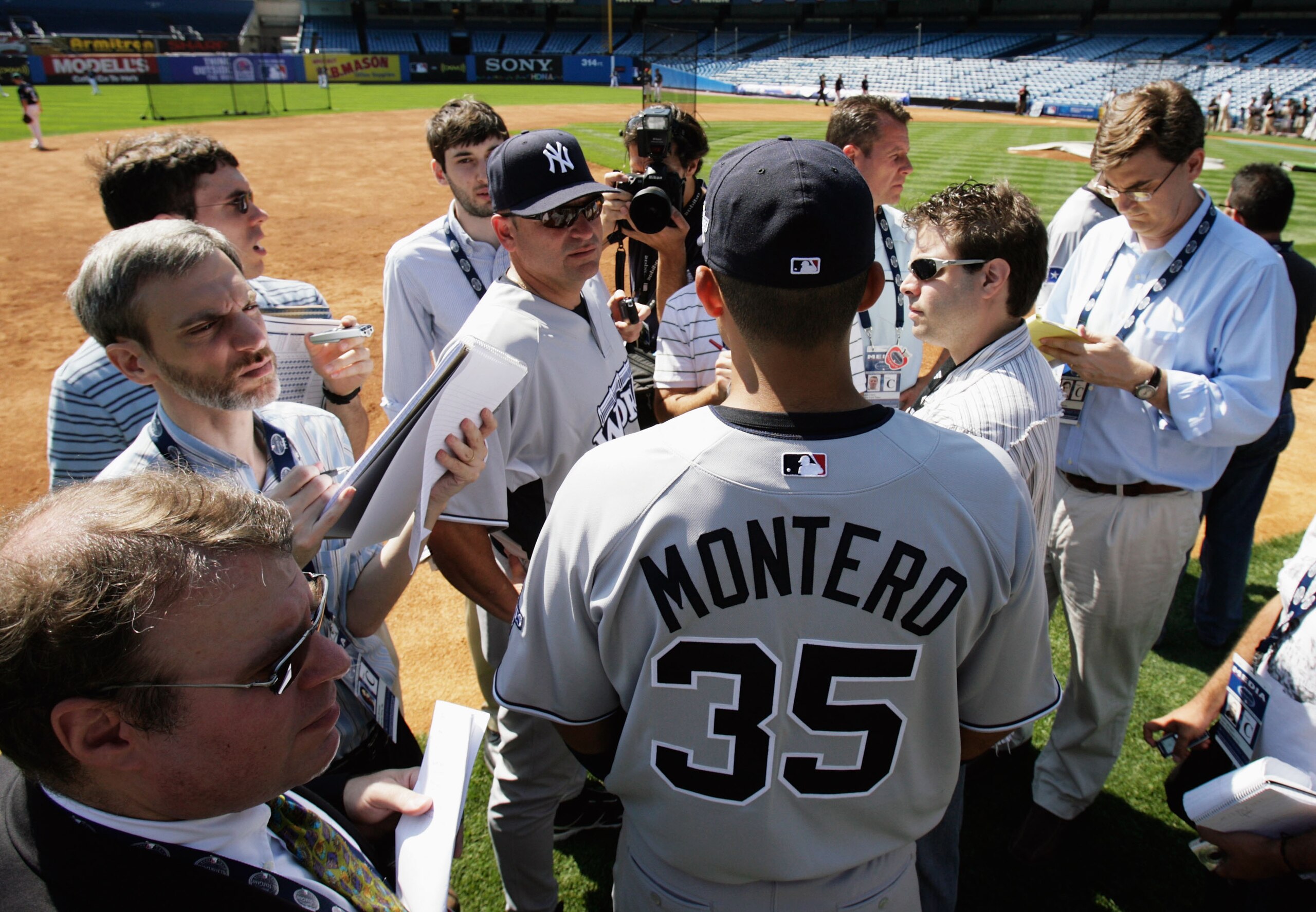 NEW YORK - JULY 13: Jesus Montero #35 of the New York Yankees and playing for the World Futures Team speaks to the media during batting practice before the 2008 XM All-Star Futures Game at Yankee Stadium on July 13, 2008 in the Bronx borough of New York NEW YORK - JULY 13: Jesus Montero #35 of the New York Yankees and playing for the World Futures Team speaks to the media during batting practice before the 2008 XM All-Star Futures Game at Yankee Stadium on July 13, 2008 in the Bronx borough of New York