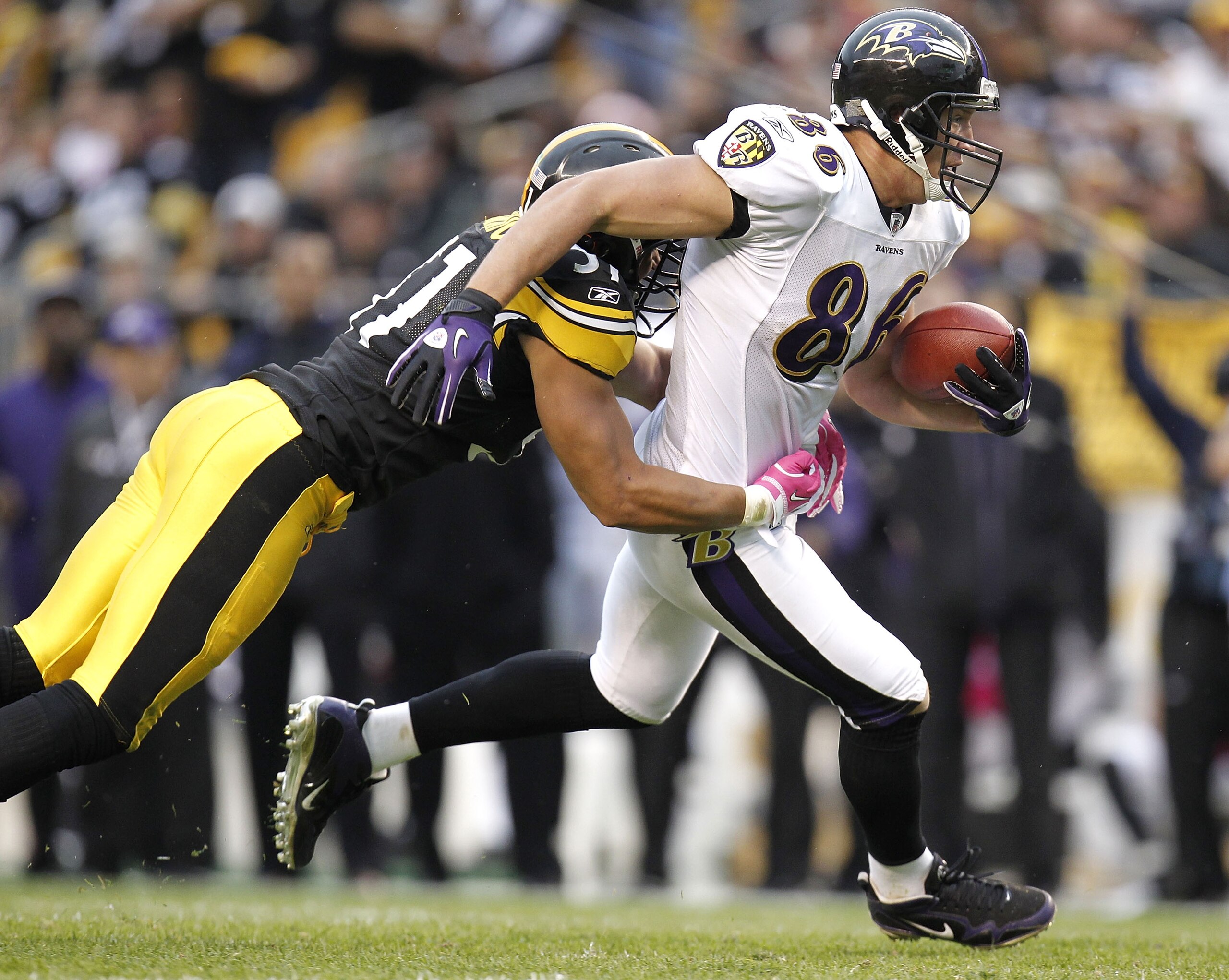 PITTSBURGH - OCTOBER 03: Todd Heap #86 of the Baltimore Ravens treis to escape the tackle of James Farrior #51 of the Pittsburgh Steelers on October 3, 2010 at Heinz Field in Pittsburgh, Pennsylvania. Baltimore won the game 17-14. (Photo by Gregory Shamus