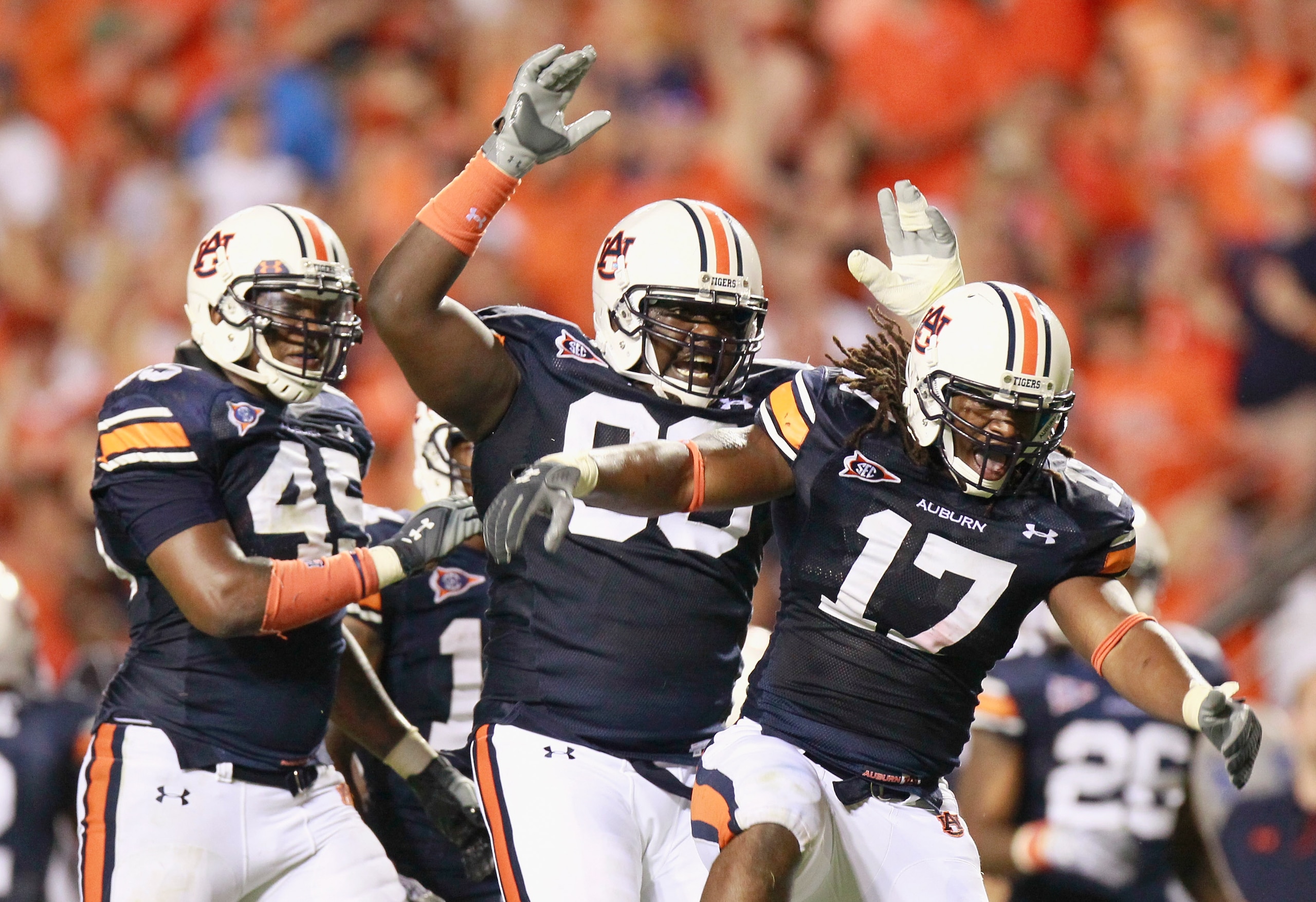 AUBURN, AL - SEPTEMBER 25: Josh Bynes #17 of the Auburn Tigers reacts after intercepting a pass by the South Carolina Gamecocks with Antoine Carter #45 and Mike Blanc #93 at Jordan-Hare Stadium on September 25, 2010 in Auburn, Alabama. (Photo by Kevin C AUBURN, AL - SEPTEMBER 25: Josh Bynes #17 of the Auburn Tigers reacts after intercepting a pass by the South Carolina Gamecocks with Antoine Carter #45 and Mike Blanc #93 at Jordan-Hare Stadium on September 25, 2010 in Auburn, Alabama. (Photo by Kevin C