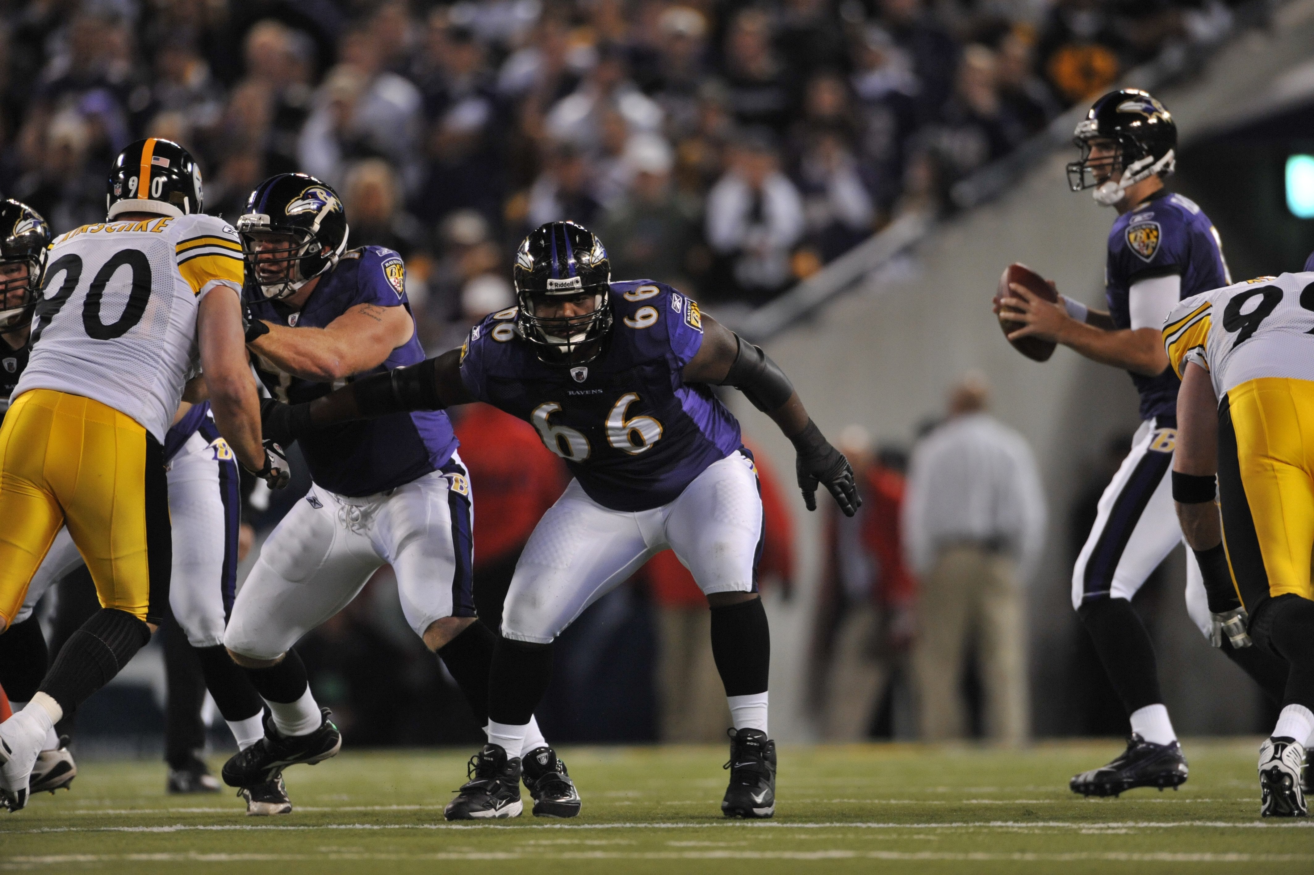 BALTIMORE - NOVEMBER 29:  Ben Grubbs #66 of the Baltimore Ravens defends against the Pittsburgh Steelers at M&T Bank Stadium on November 29, 2009 in Baltimore, Maryland. The Ravens defeated the Steelers 20-17. (Photo by Larry French/Getty Images)