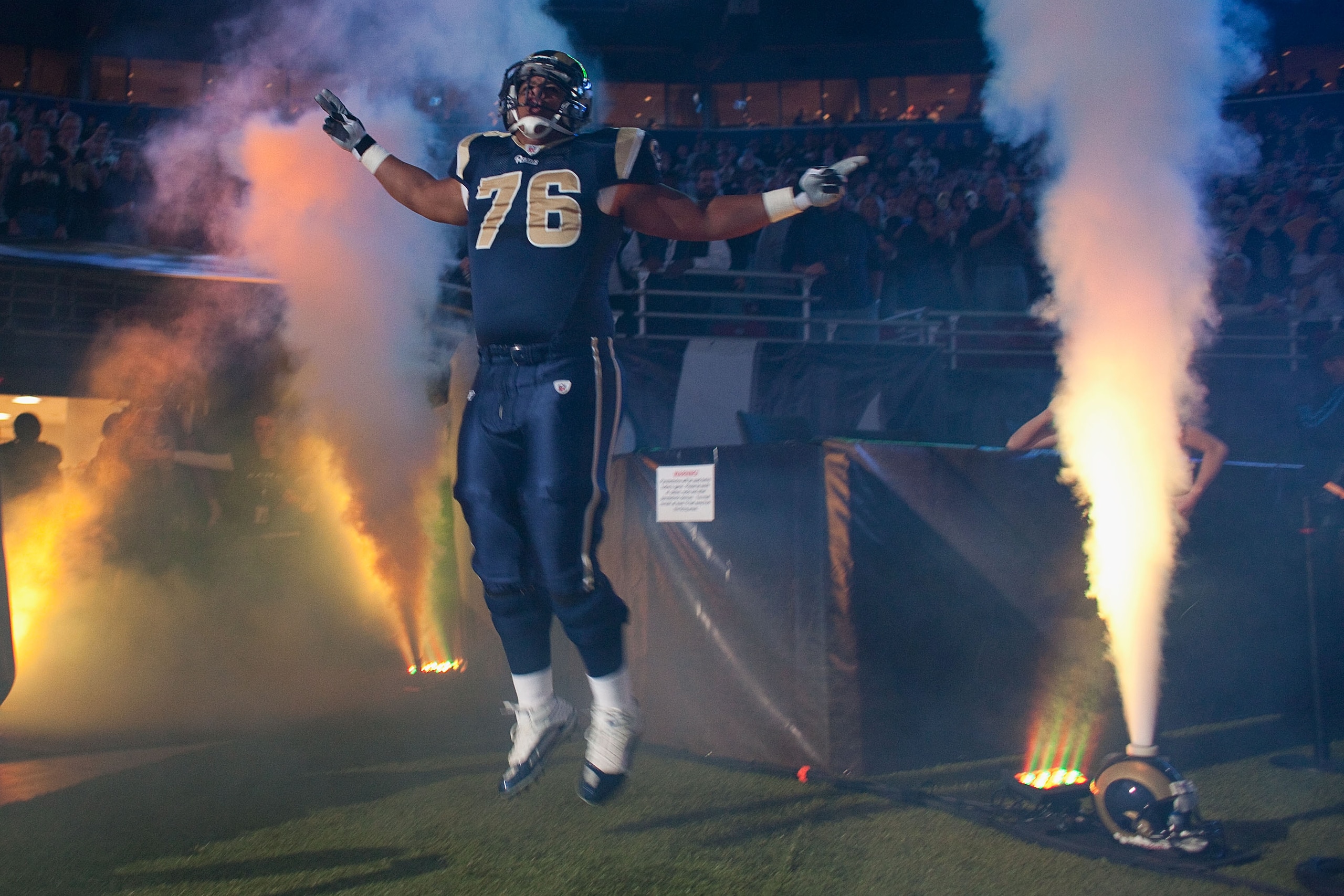 ST. LOUIS - NOVEMBER 21: Rodger Saffold #76 of the St. Louis Rams is introduced prior to playing against the Atlanta Falcons at the Edward Jones Dome on November 21, 2010 in St. Louis, Missouri.  The Falcons beat the Rams 34-17.  (Photo by Dilip Vishwanat