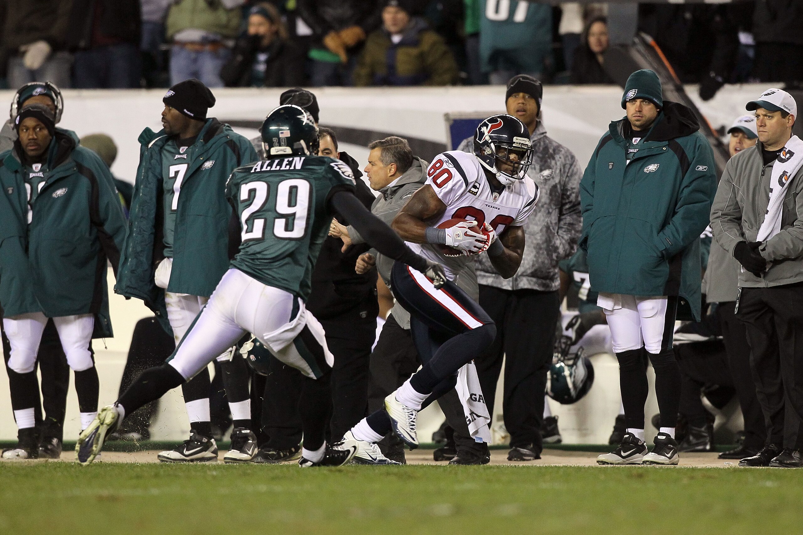 PHILADELPHIA, PA - DECEMBER 02:  Andre Johnson #80 of the Houston Texans runs for yards after the catch against Nate Allen #29 of the Philadelphia Eagles at Lincoln Financial Field on December 2, 2010 in Philadelphia, Pennsylvania.  (Photo by Jim McIsaac/