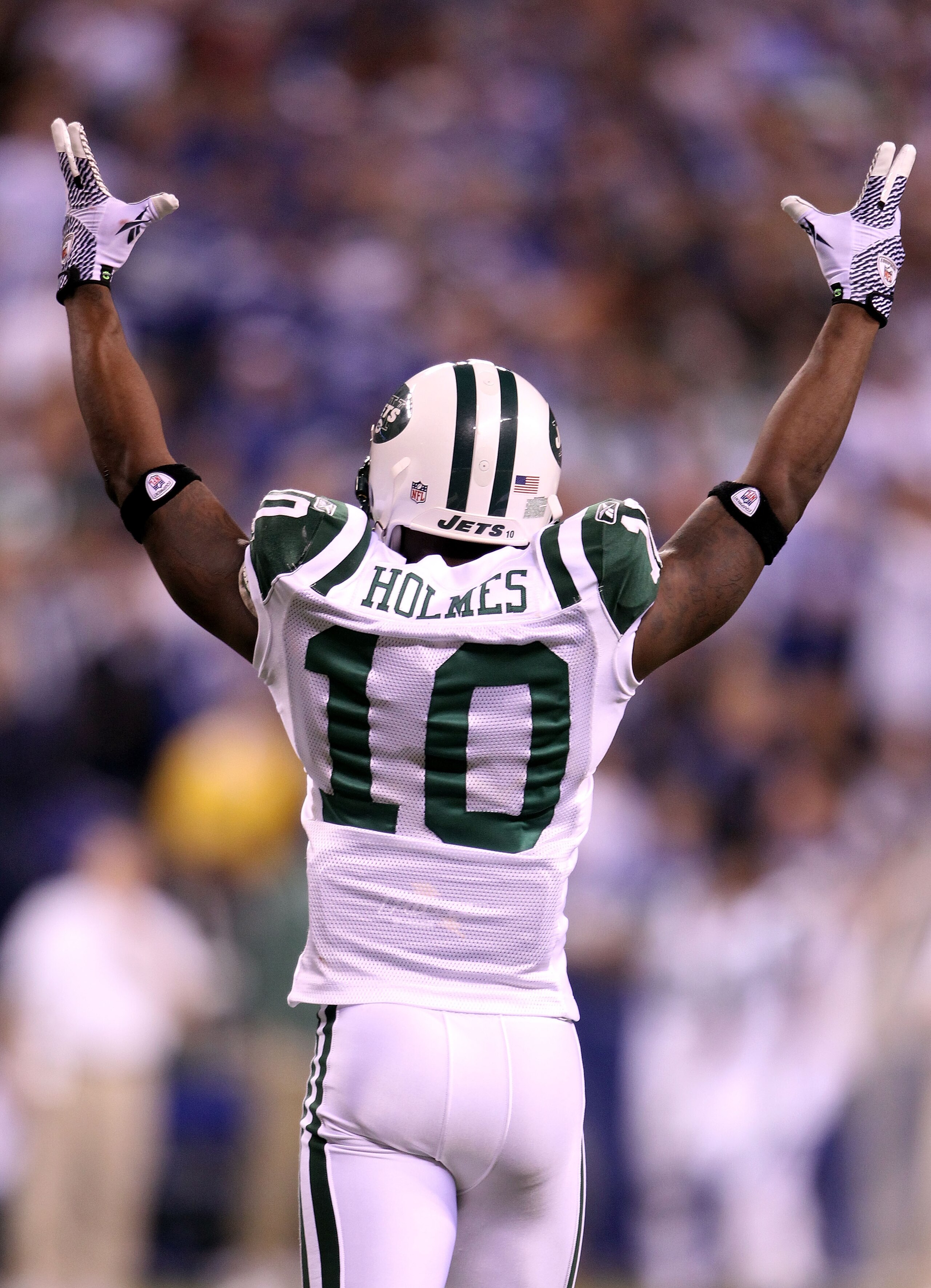 INDIANAPOLIS, IN - JANUARY 08: Santonio Holmes #10 of the New York Jets celebrates late in the fourth quarter against the Indianapolis Colts during their 2011 AFC wild card playoff game at Lucas Oil Stadium on January 8, 2011 in Indianapolis, Indiana. TH INDIANAPOLIS, IN - JANUARY 08: Santonio Holmes #10 of the New York Jets celebrates late in the fourth quarter against the Indianapolis Colts during their 2011 AFC wild card playoff game at Lucas Oil Stadium on January 8, 2011 in Indianapolis, Indiana. TH