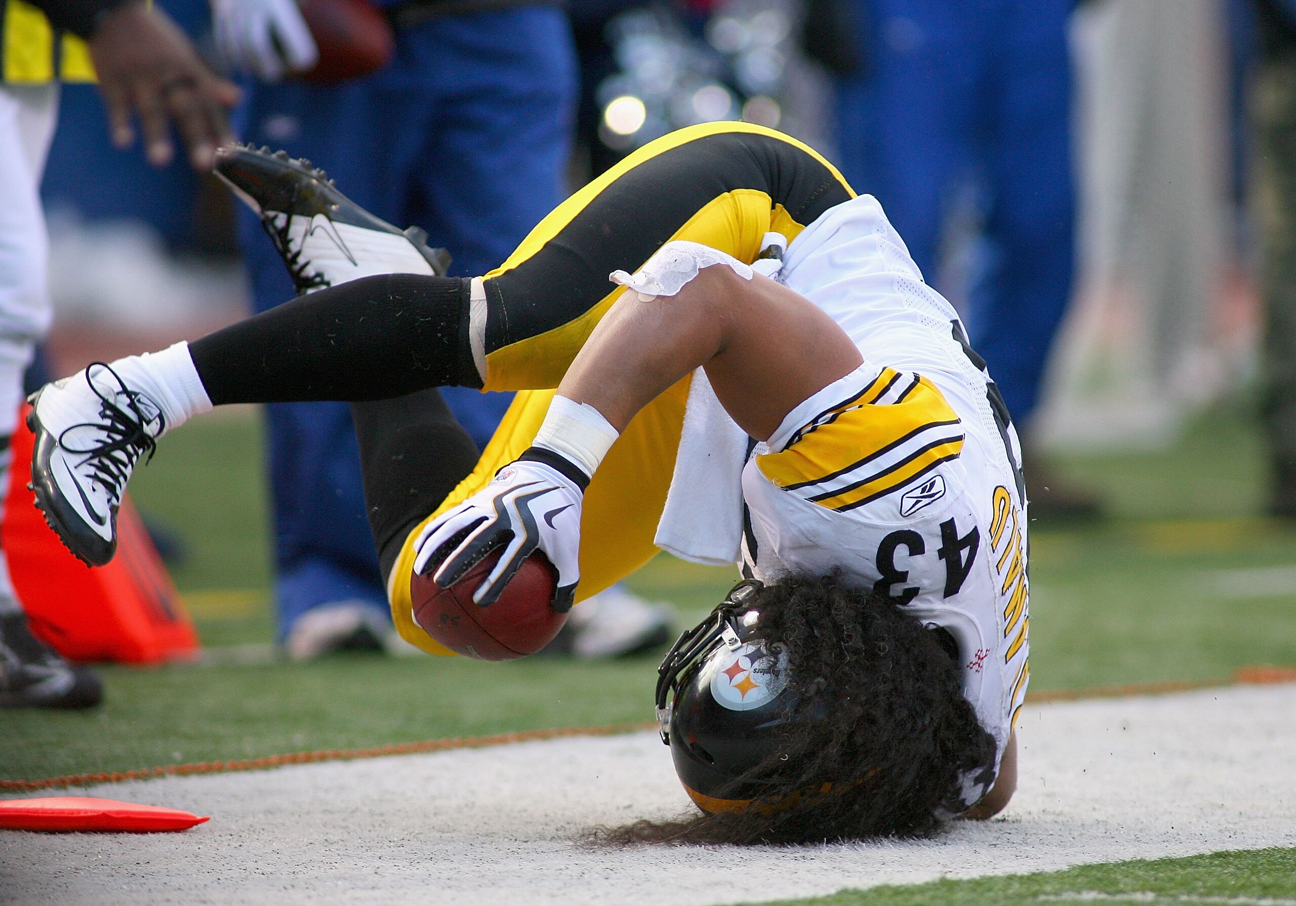 ORCHARD PARK, NY - NOVEMBER 28: Troy Polamalu #43 of the Pittsburgh Steelers rolls out of bounds after intercepting a pass against the Buffalo Bills at Ralph Wilson Stadium at Ralph Wilson Stadium on November 28, 2010 in Orchard Park, New York. Pittsburgh ORCHARD PARK, NY - NOVEMBER 28: Troy Polamalu #43 of the Pittsburgh Steelers rolls out of bounds after intercepting a pass against the Buffalo Bills at Ralph Wilson Stadium at Ralph Wilson Stadium on November 28, 2010 in Orchard Park, New York. Pittsburgh
