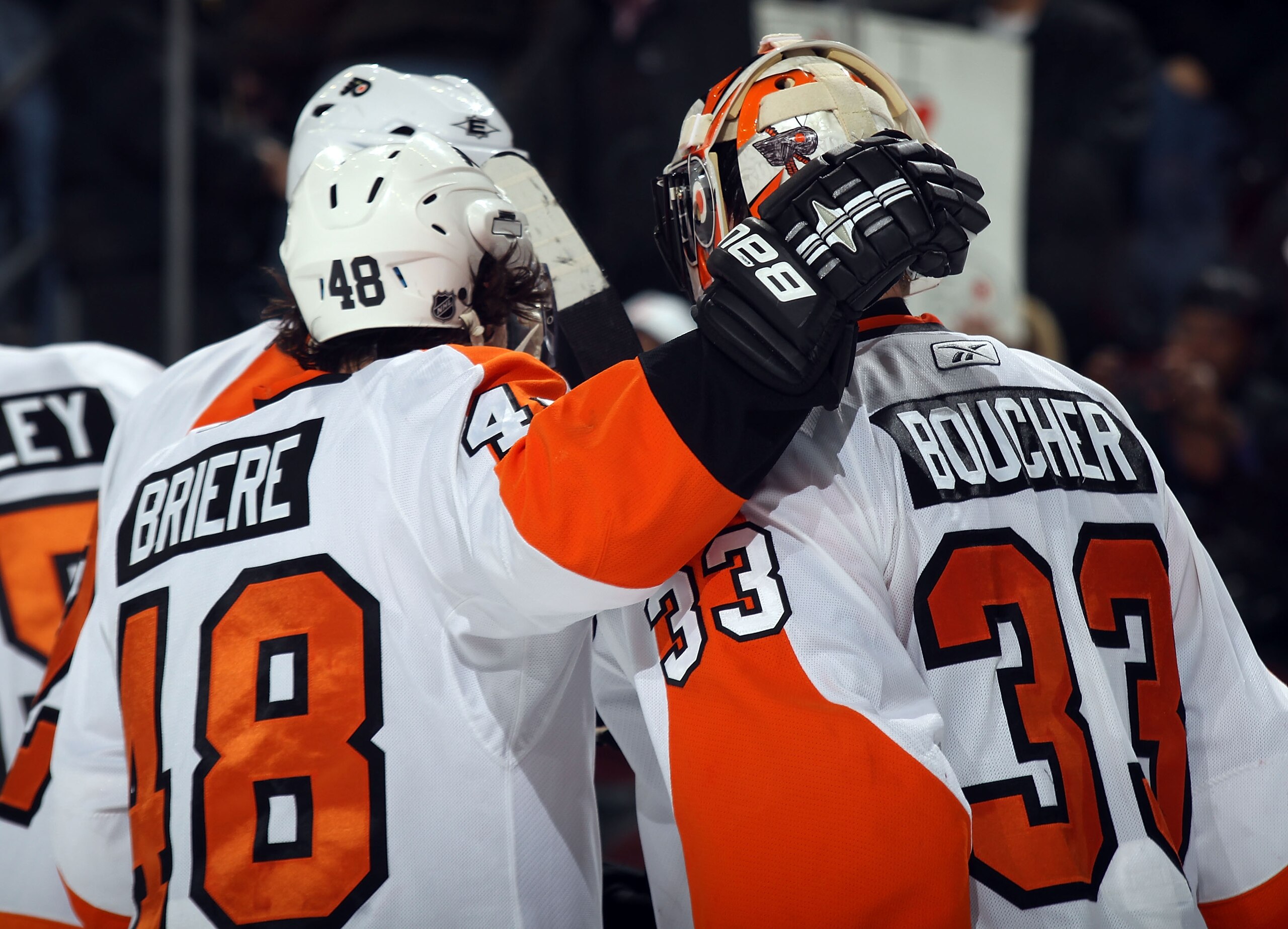 NEWARK, NJ - JANUARY 06: Danny Briere #48 of the Philadelphia Flyers congratulates Brian Boucher #33 following a 4-2 win over the New Jersey Devils at the Prudential Center on January 6, 2011 in Newark, New Jersey.  (Photo by Bruce Bennett/Getty Images)