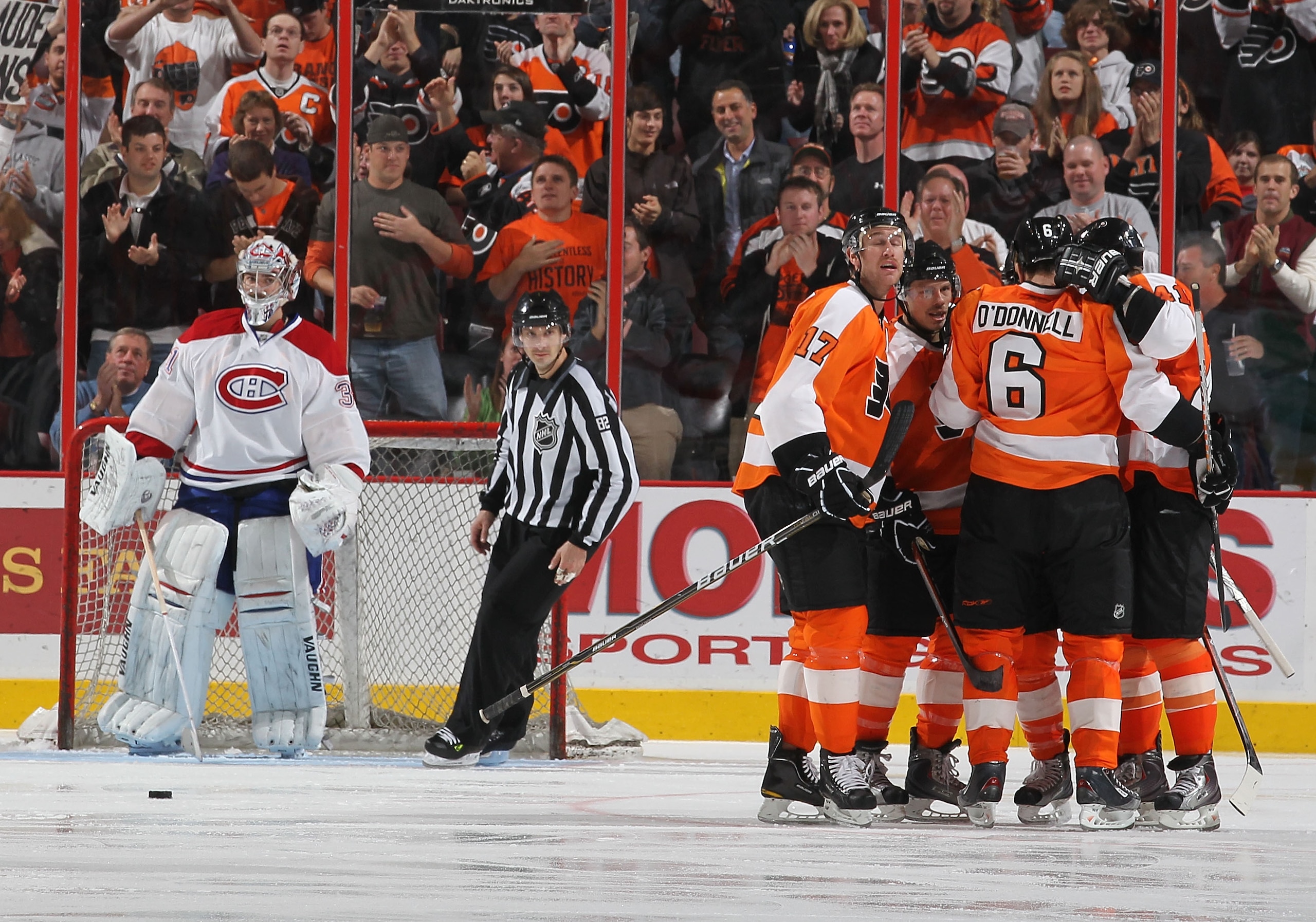 PHILADELPHIA - NOVEMBER 22:  Carey Price #31 of the Montreal Canadiens looks on after giving up a goal to Claude Giroux #28 of The Philadelphia Flyers during their game on November 22, 2010 at The Wells Fargo Center in Philadelphia, Pennsylvania.  (Photo