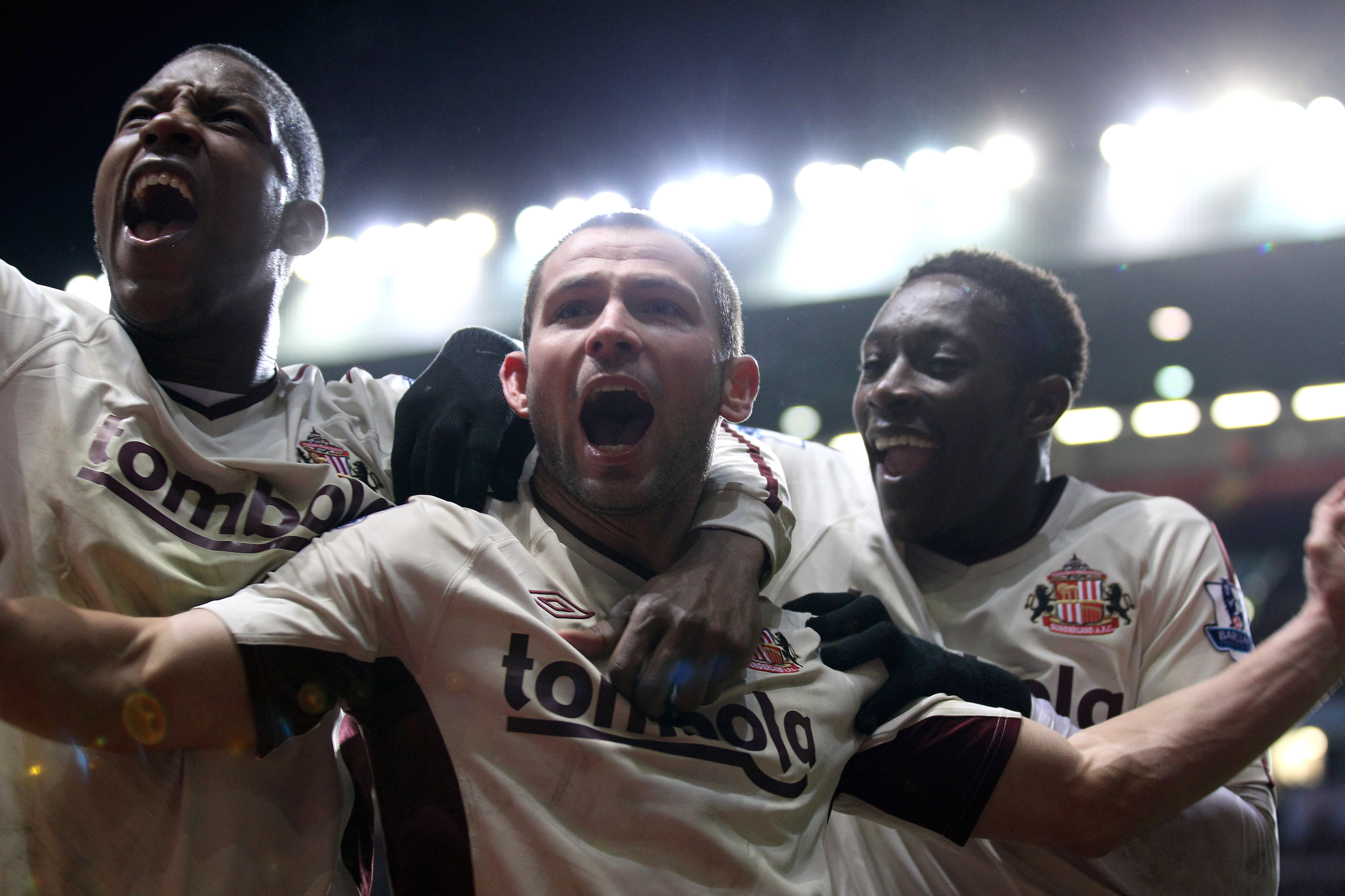 BIRMINGHAM, ENGLAND - JANUARY 05:  Phil Bardsley (centre) of Sunderland celebrates his goal with team mates Titus Bramble and Danny Welbeck during the Barclays Premier Leaue match between Birmingham City and Sunderland at Villa Park, on January 5, 2011 in