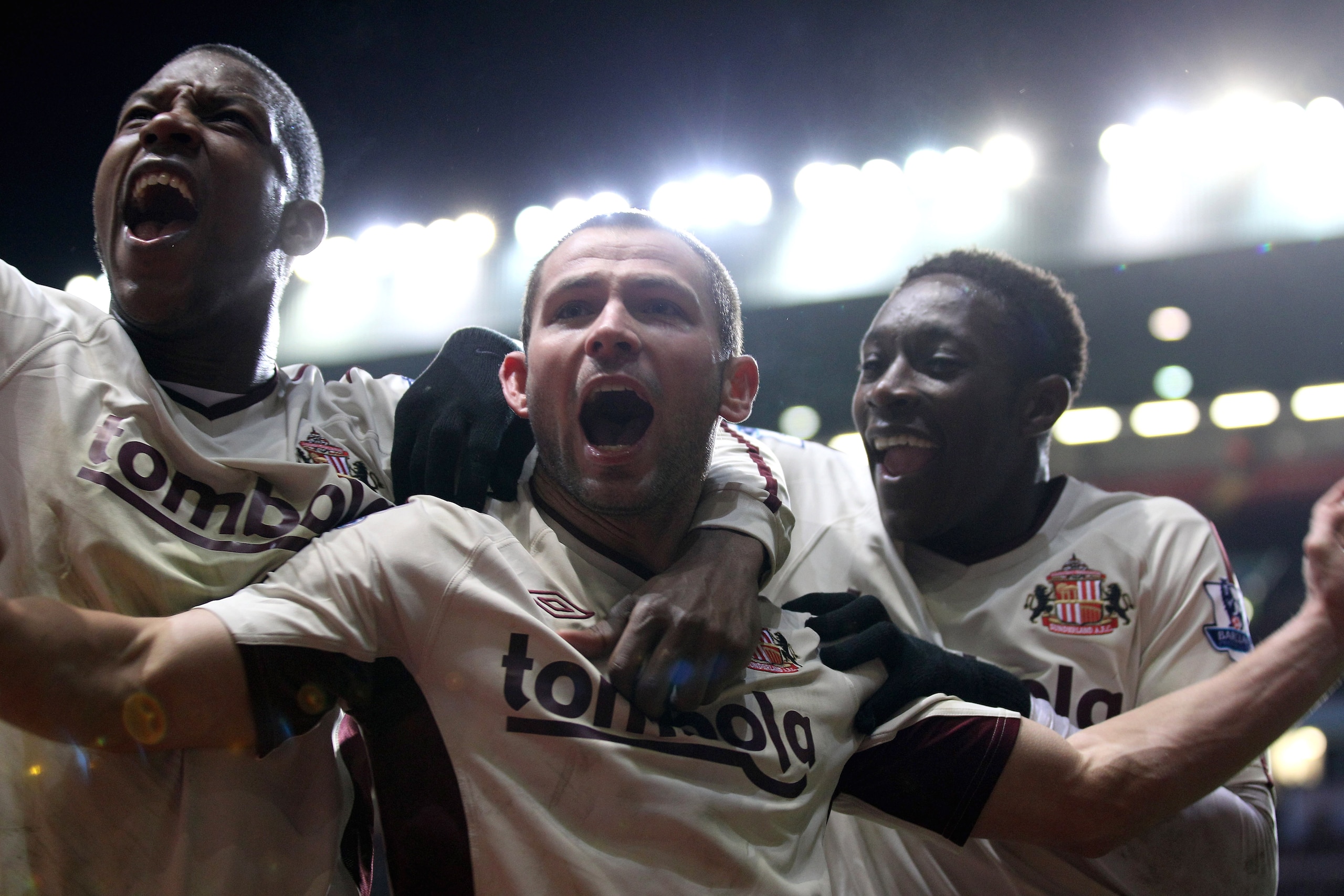 BIRMINGHAM, ENGLAND - JANUARY 05:  Phil Bardsley (centre) of Sunderland celebrates his goal with team mates Titus Bramble and Danny Welbeck during the Barclays Premier Leaue match between Birmingham City and Sunderland at Villa Park, on January 5, 2011 in