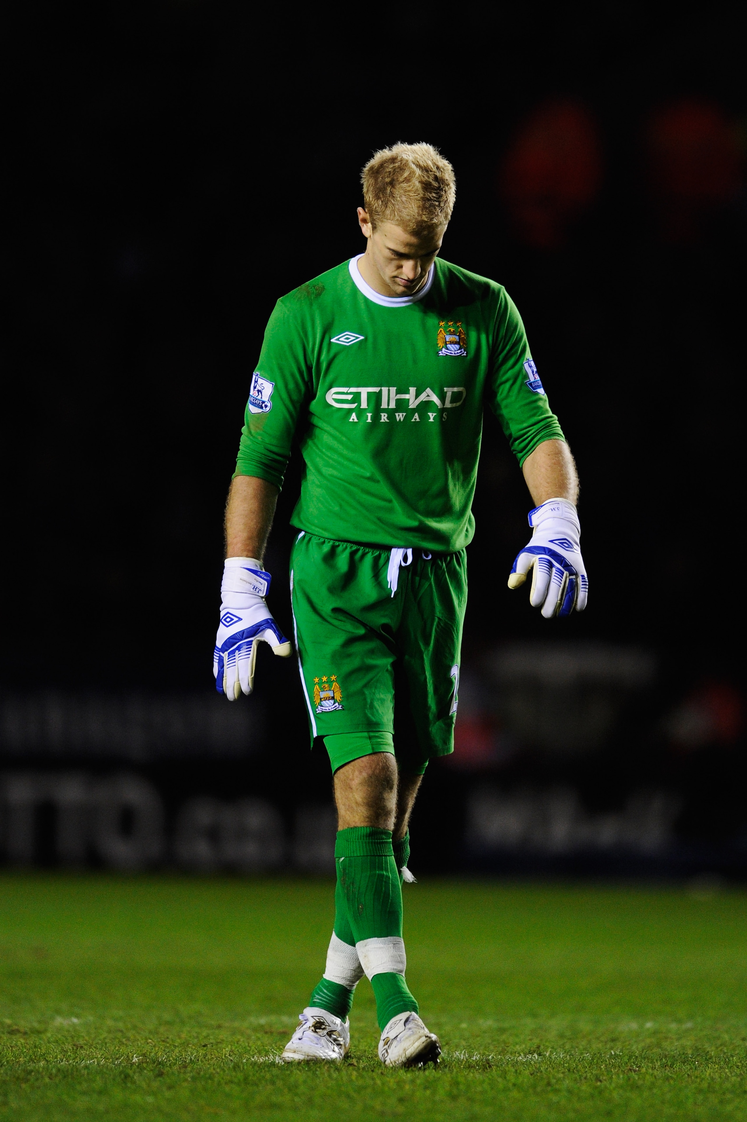 LEICESTER, UNITED KINGDOM - JANUARY 09:  Joe Hart the Manchester City goalkeeper reacts following the FA Cup sponsored by E.ON 3rd Round match between between Leicester City and Manchester City at Walkers Stadium on January 9, 2011 in Leicester, England.