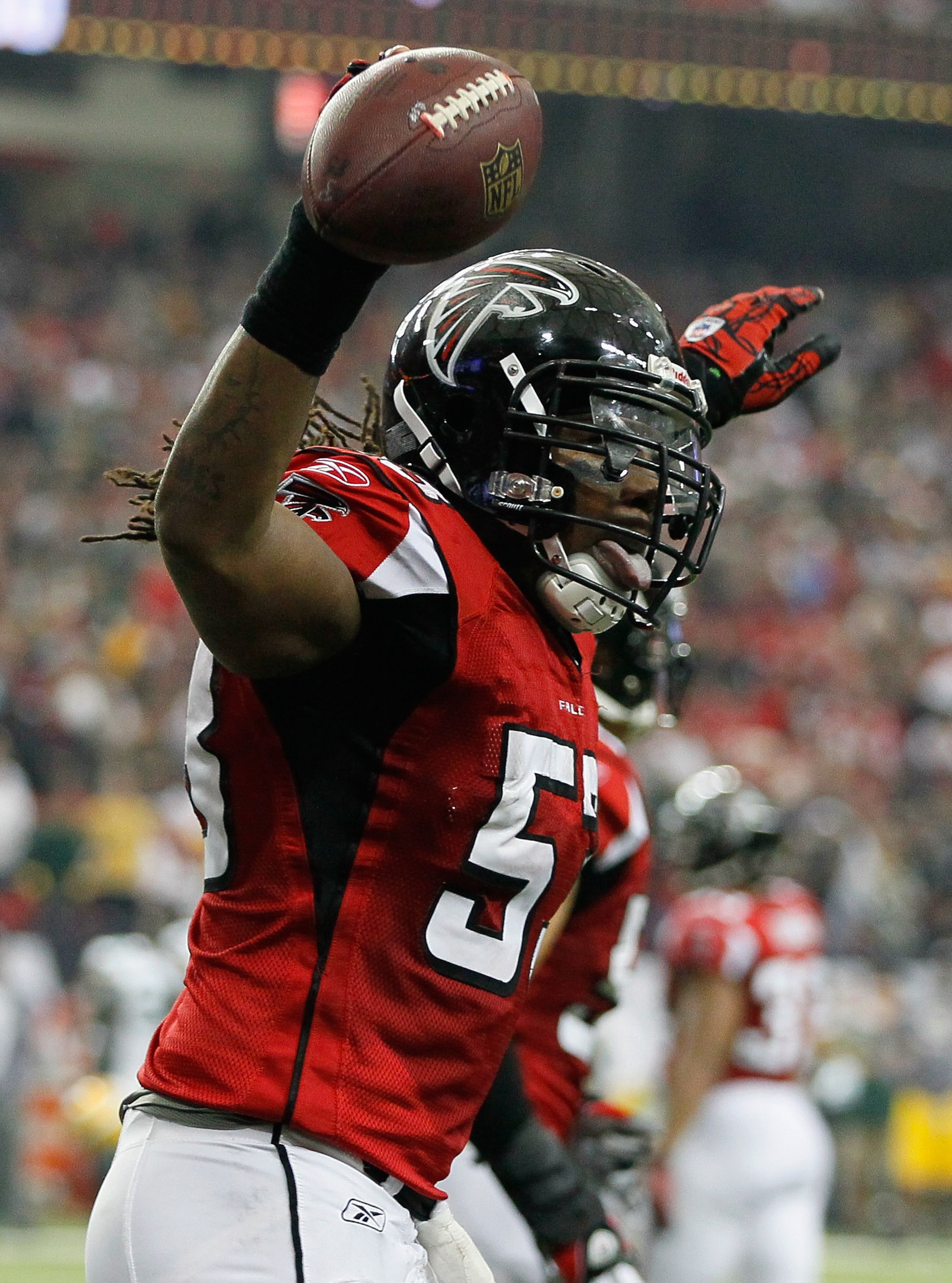 ATLANTA - NOVEMBER 28:  Mike Peterson #53 of the Atlanta Falcons reacts after recovering a fumble by the Green Bay Packers in the end zone at Georgia Dome on November 28, 2010 in Atlanta, Georgia.  (Photo by Kevin C. Cox/Getty Images)