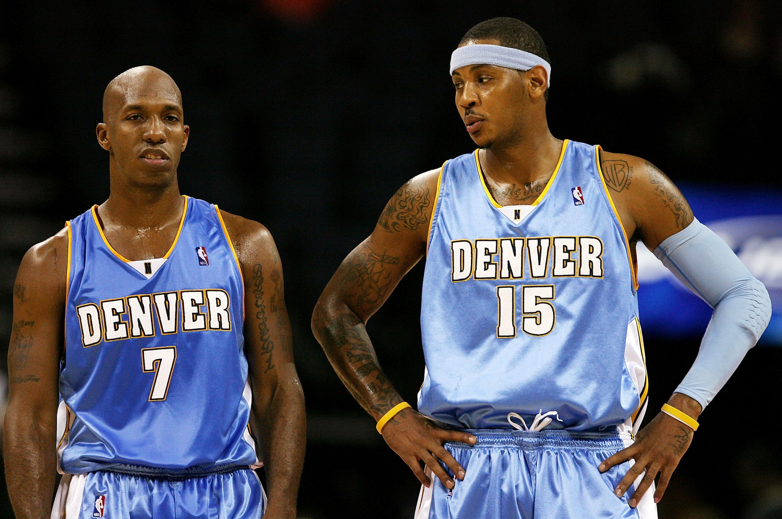 CHARLOTTE, NC - NOVEMBER 11:  Chauncey Billups #7 talks to teammate Carmelo Anthony #15 of the Denver Nuggets during their game against the Charlotte Bobcats at Time Warner Cable Arena on November 11, 2008 in Charlotte, North Carolina. NOTE TO USER: User