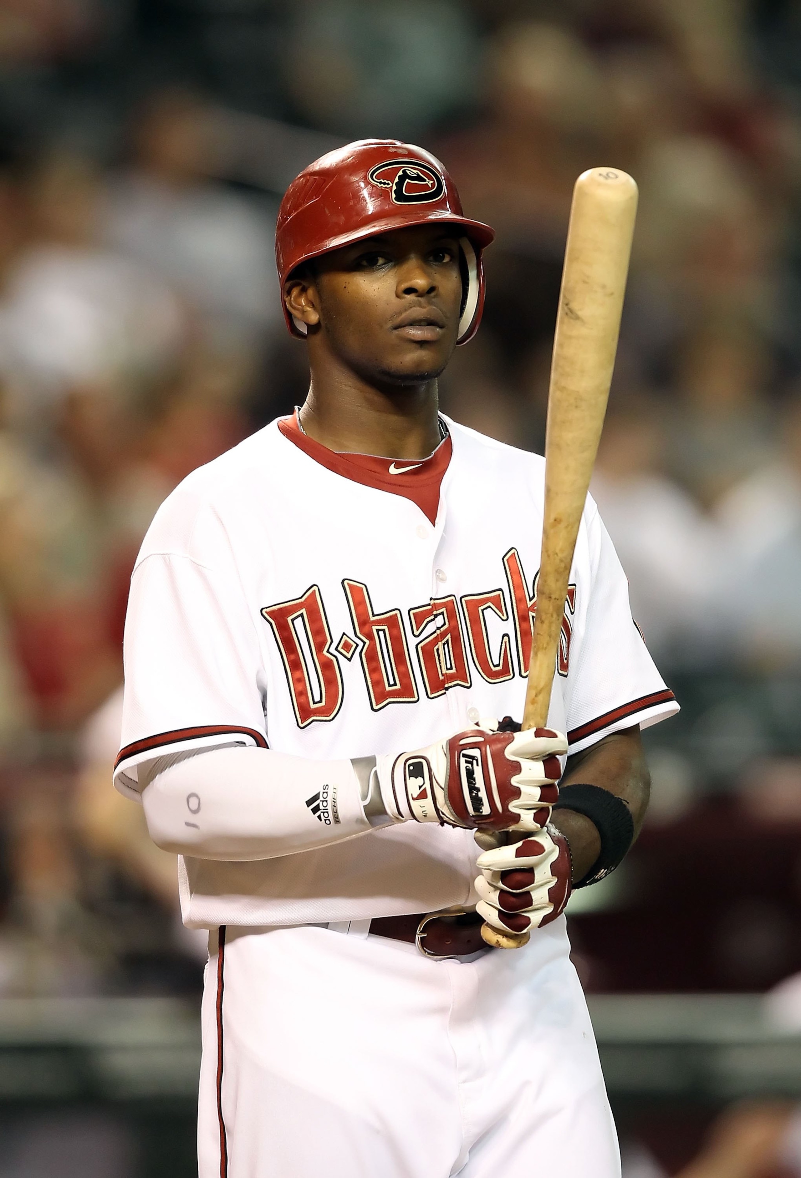 PHOENIX - JUNE 08:  Justin Upton #10 of the Arizona Diamondbacks at bat during the Major League Baseball game against the Atlanta Braves at Chase Field on June 8, 2010 in Phoenix, Arizona.  The Braves defeated the Diamondbacks 11-7.  (Photo by Christian P