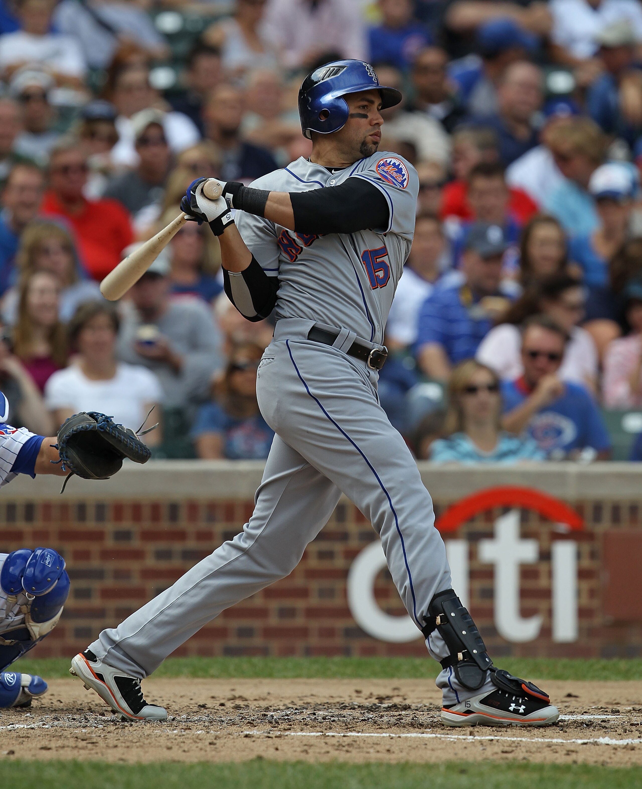 CHICAGO - SEPTEMBER 05: Carlos Beltran #15 of the New York Mets takes a swing against the Chicago Cubs at Wrigley Field on September 5, 2010 in Chicago, Illinois. The Mets defeated the Cubs 18-5.  (Photo by Jonathan Daniel/Getty Images)