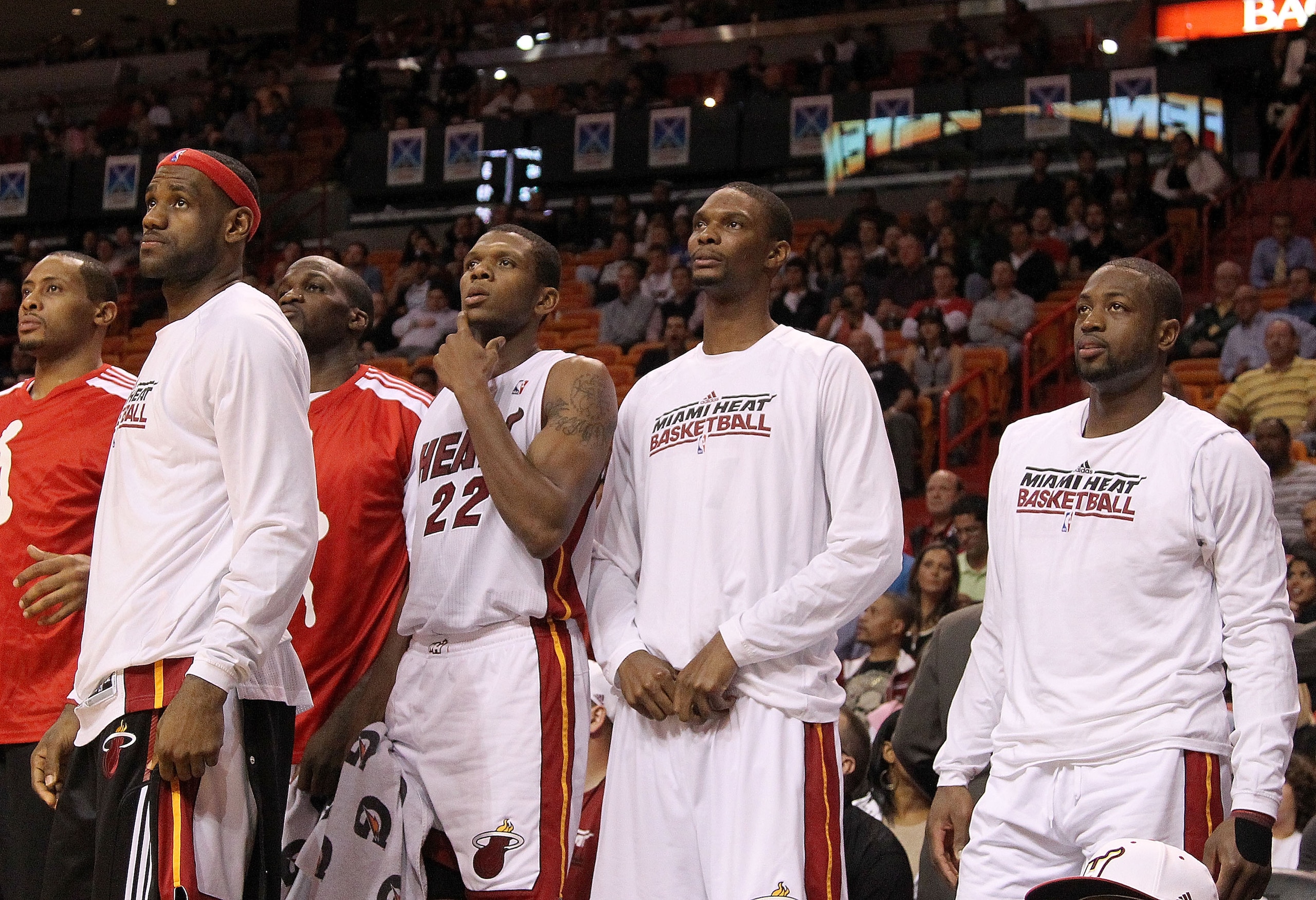 MIAMI, FL - DECEMBER 01: (L-R) LeBron James #6, James Jones #22, Chris Bosh #1, and Dwyane Wade #3 of the Miami Heat look on during a game against the Detroit Pistons at American Airlines Arena on December 1, 2010 in Miami, Florida. NOTE TO USER: User exp