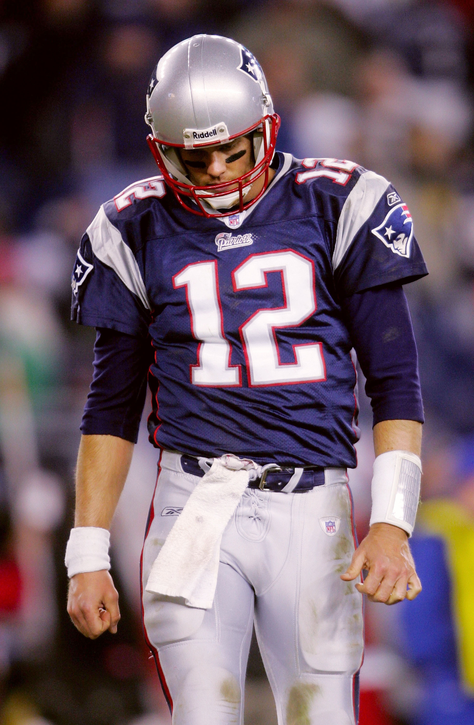 FOXBORO, MA - NOVEMBER 07:  Quarterback Tom Brady #12 of the New England Patriots walks dejected off the field late in the fourth quarter of their 40-21 loss to the Indianapolis Colts at Gillette Stadium on November 7, 2005 in Foxboro, Massachusetts.  (Ph