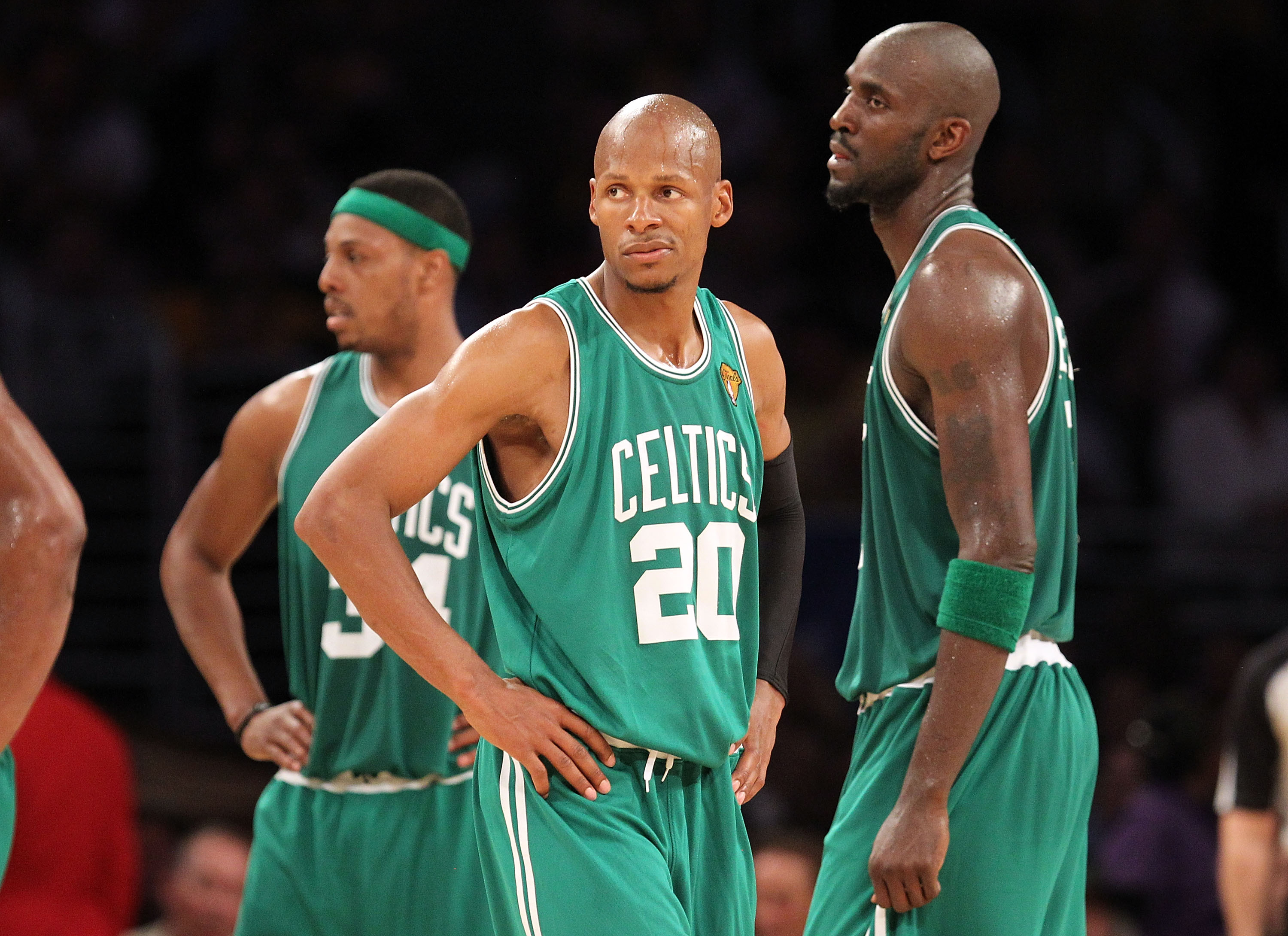 LOS ANGELES, CA - JUNE 15:  (L-R) Paul Pierce #34, Ray Allen #20 and Kevin Garnett #5 of the Boston Celtics look on in the second half while taking on the Los Angeles Lakers in Game Six of the 2010 NBA Finals at Staples Center on June 15, 2010 in Los Ange