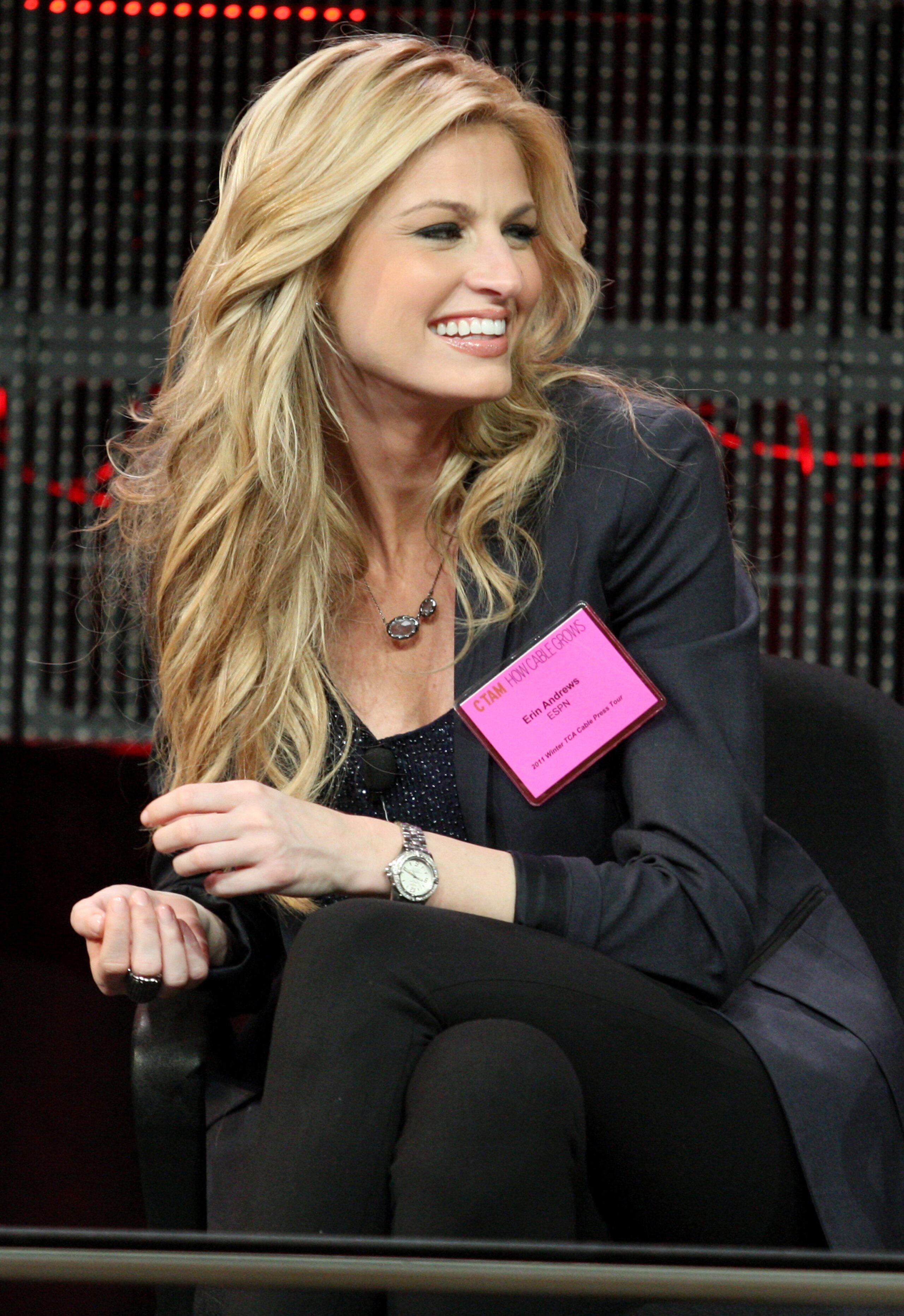 PASADENA, CA - JANUARY 05:  Broadcaster Erin Andrews speaks onstage during the 'BCS Title Game' panel at the ESPN portion of the 2011 Winter TCA press tour held at the Langham Hotel on January 5, 2011 in Pasadena, California.  (Photo by Frederick M. Brown