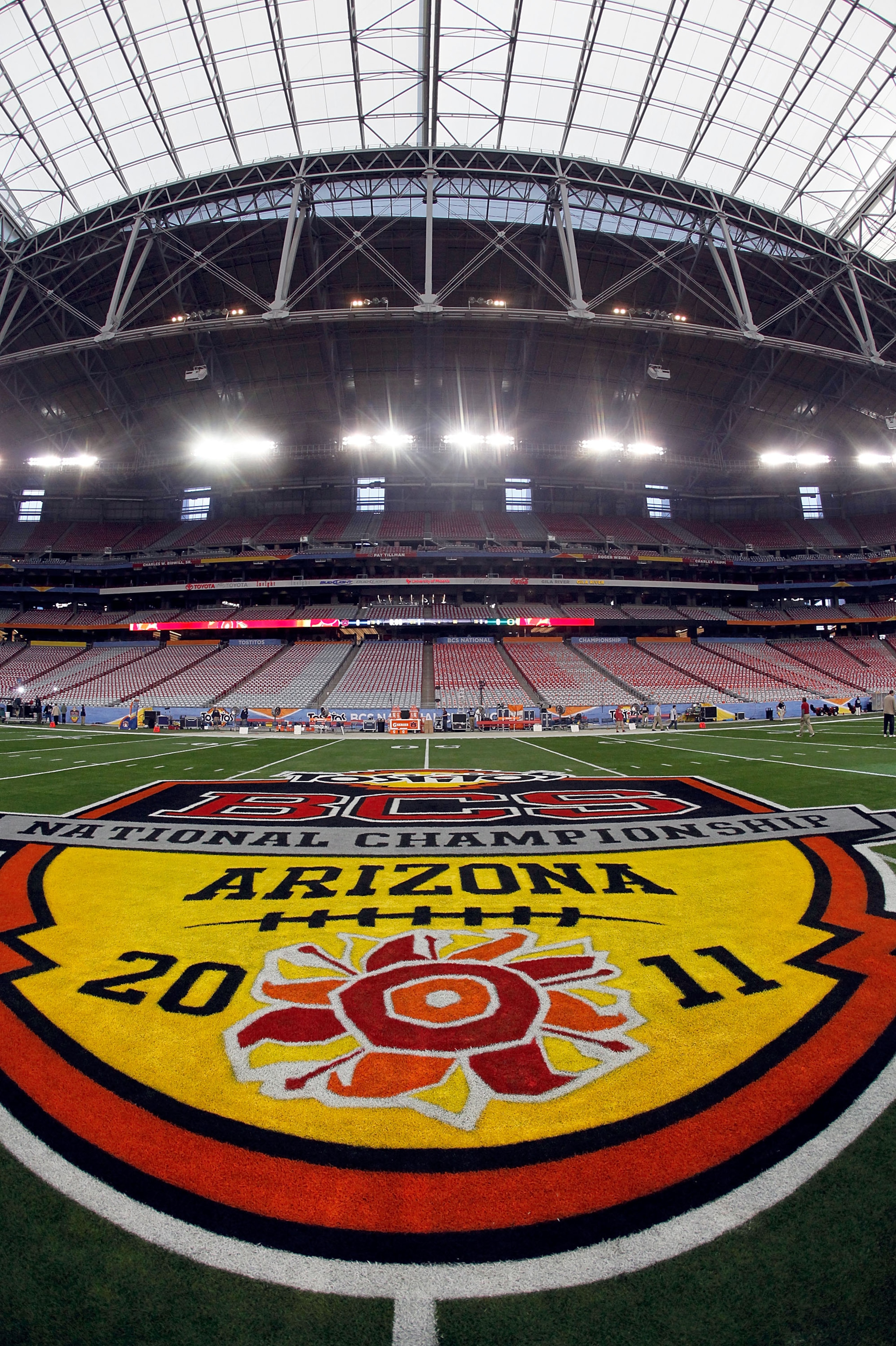 GLENDALE, AZ - JANUARY 10:  A view of the logo at mid-field at the Tostitos BCS National Championship Game before the Oregon Ducks and the Auburn Tigers take the field at University of Phoenix Stadium on January 10, 2011 in Glendale, Arizona.  (Photo by J
