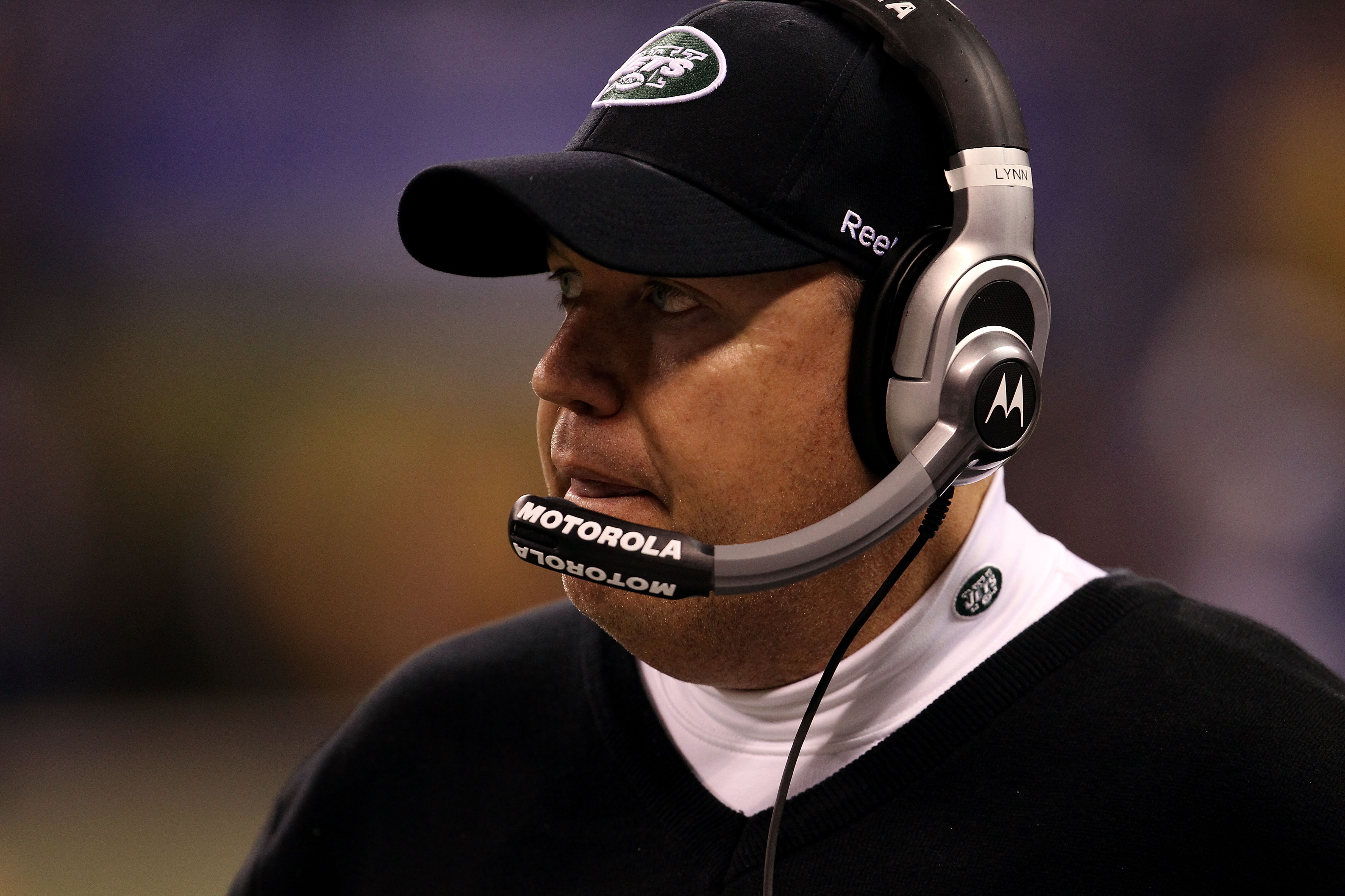 INDIANAPOLIS, IN - JANUARY 08:  Head coach Rex Ryan of the New York Jets looks on against the Indianapolis Colts during their 2011 AFC wild card playoff game at Lucas Oil Stadium on January 8, 2011 in Indianapolis, Indiana.  (Photo by Jonathan Daniel/Gett