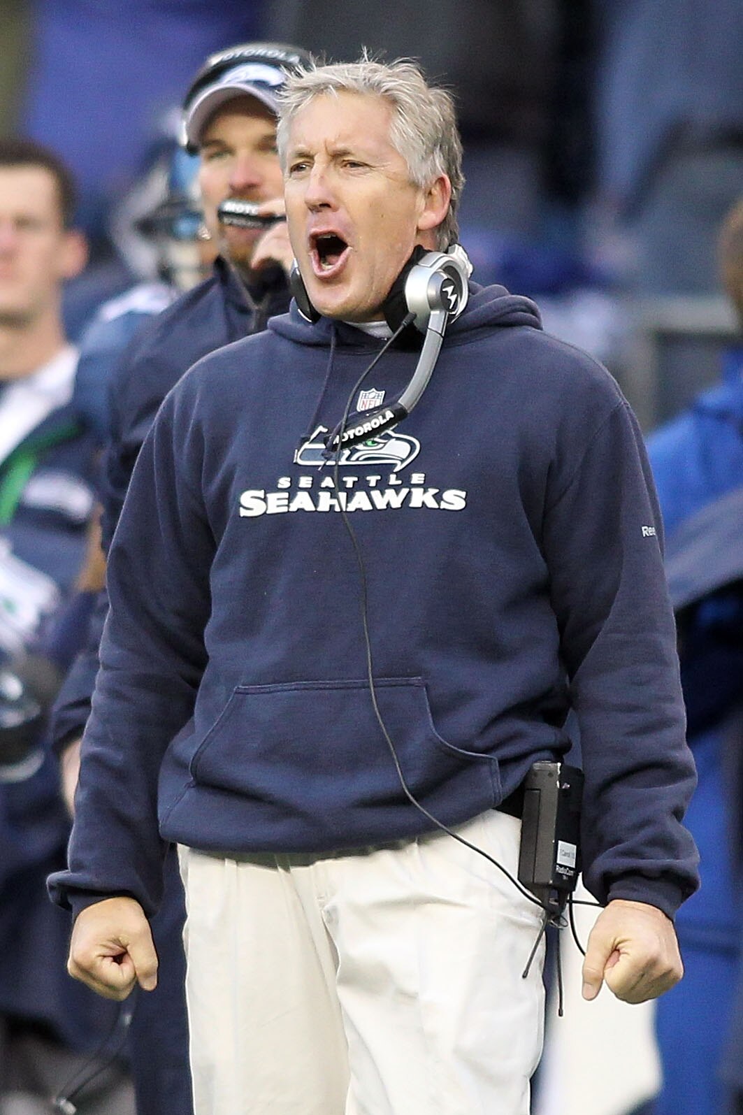 SEATTLE, WA - JANUARY 08:  Head coach Pete Carroll of the Seattle Seahawks celebrates a fourth down stop by the Seahawks in the third quarter against the New Orleans Saints during the 2011 NFC wild-card playoff game at Qwest Field on January 8, 2011 in Se