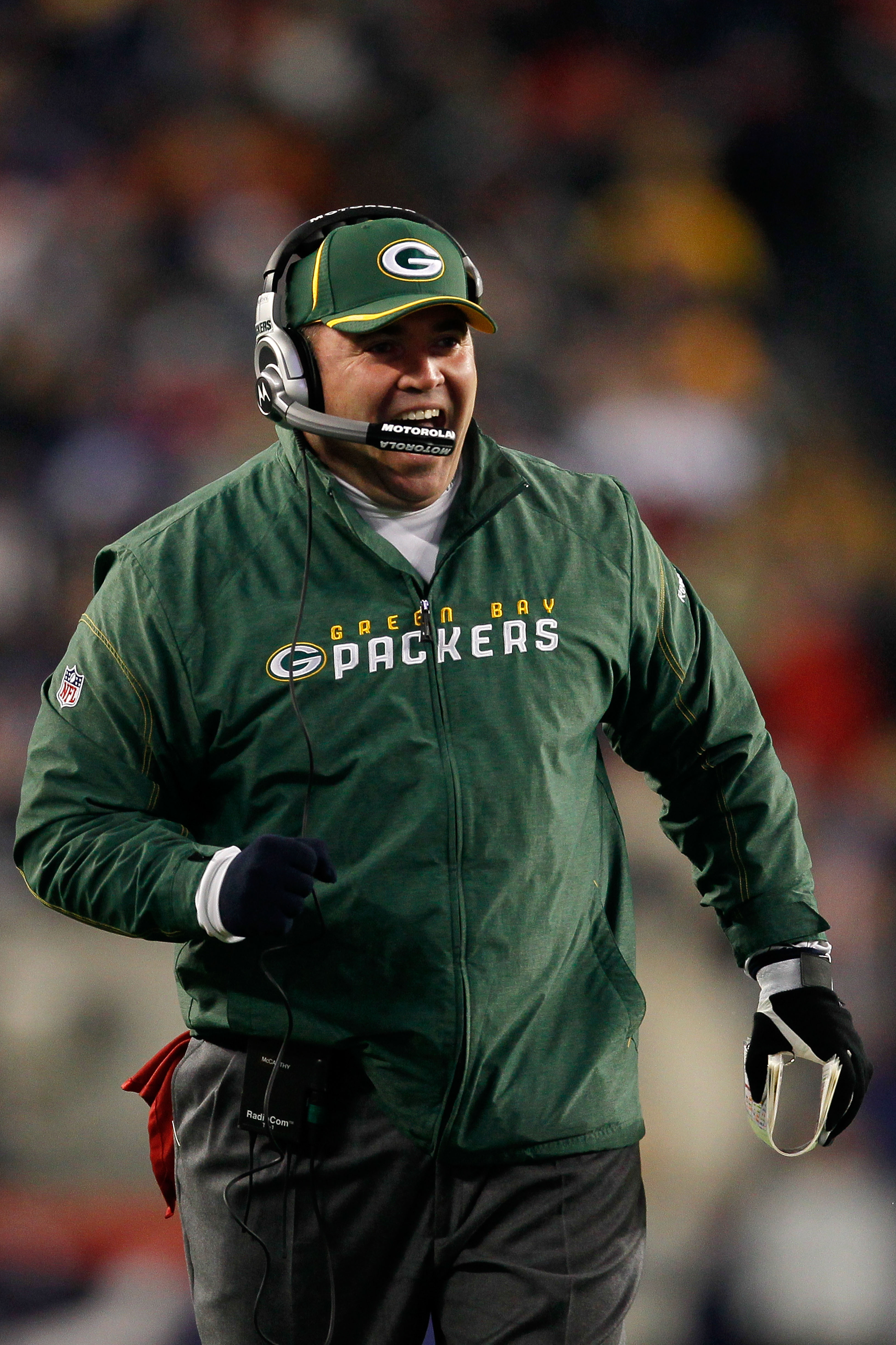 FOXBORO, MA - DECEMBER 19:  Mike McCarthy, head coach of the Green Bay Packers, reacts during the third quarter of the game against the New England Patriots at Gillette Stadium on December 19, 2010 in Foxboro, Massachusetts.  (Photo by Jim Rogash/Getty Im