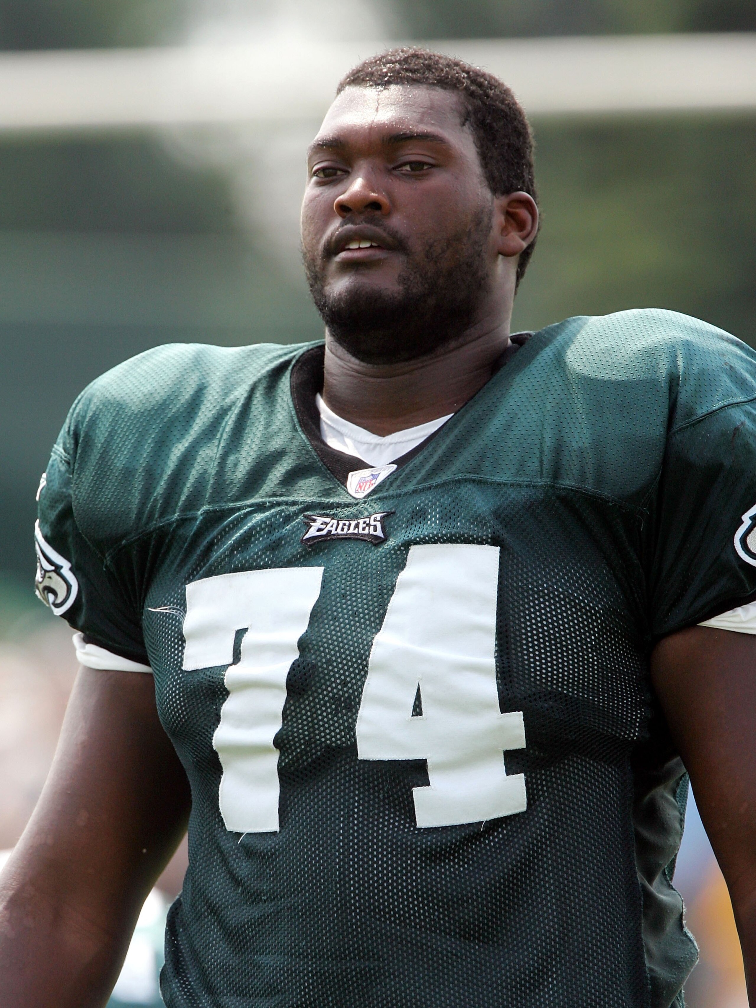 BETHLEHEM, PA - JULY 25:  Winston Justice #74 of the Philadelphia Eagles looks on during training camp on the practice field at Lehigh University on July 25, 2006 in Bethlehem, Pennsylvania.  (Photo by Jim McIsaac/Getty Images)