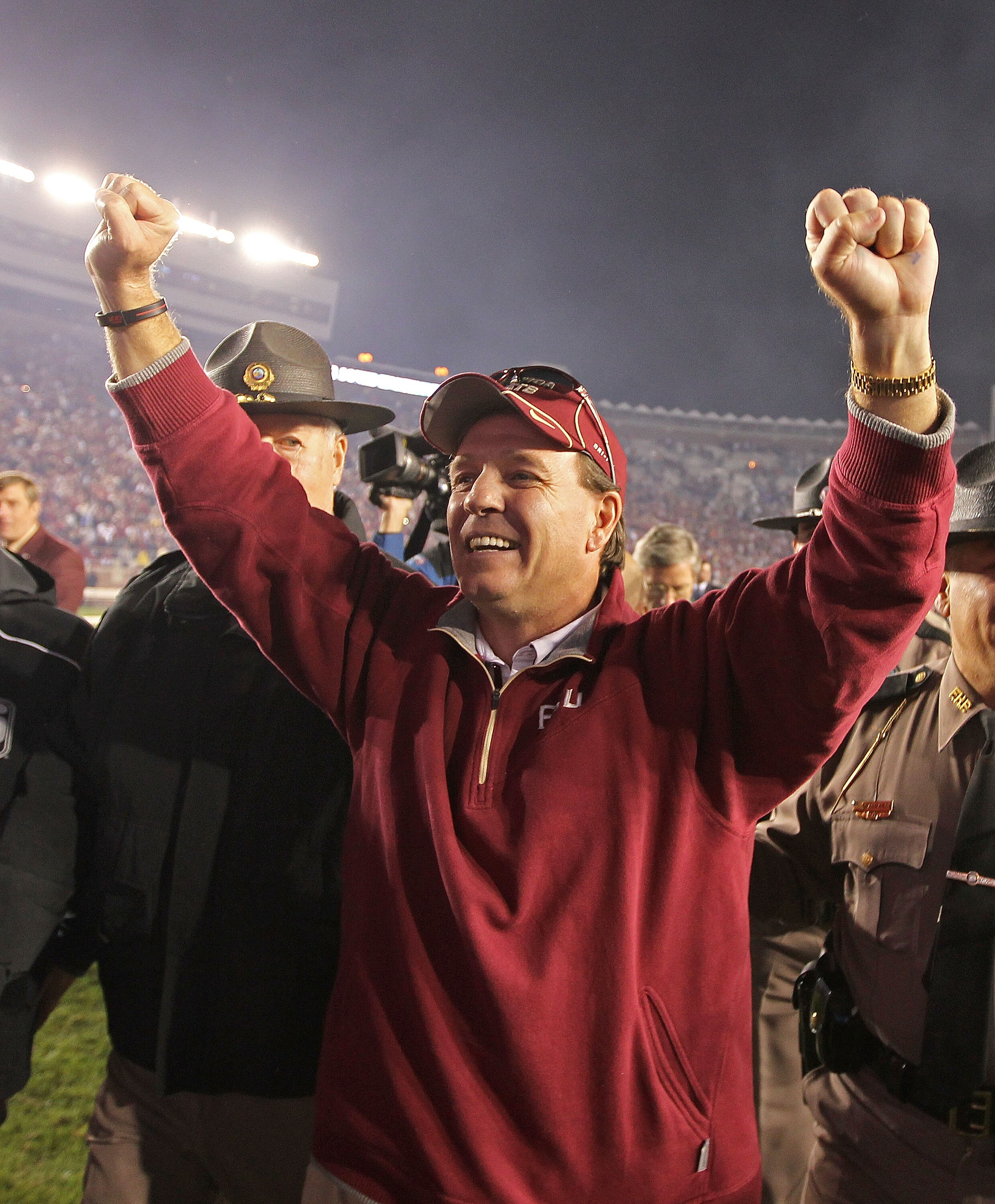 TALLAHASSEE, FL - NOVEMBER 27:  Florida State Seminoles head coach Jimbo Fisher celebrates a win against the Florida Gators at Doak Campbell Stadium on November 27, 2010 in Tallahassee, Florida.  (Photo by Mike Ehrmann/Getty Images)