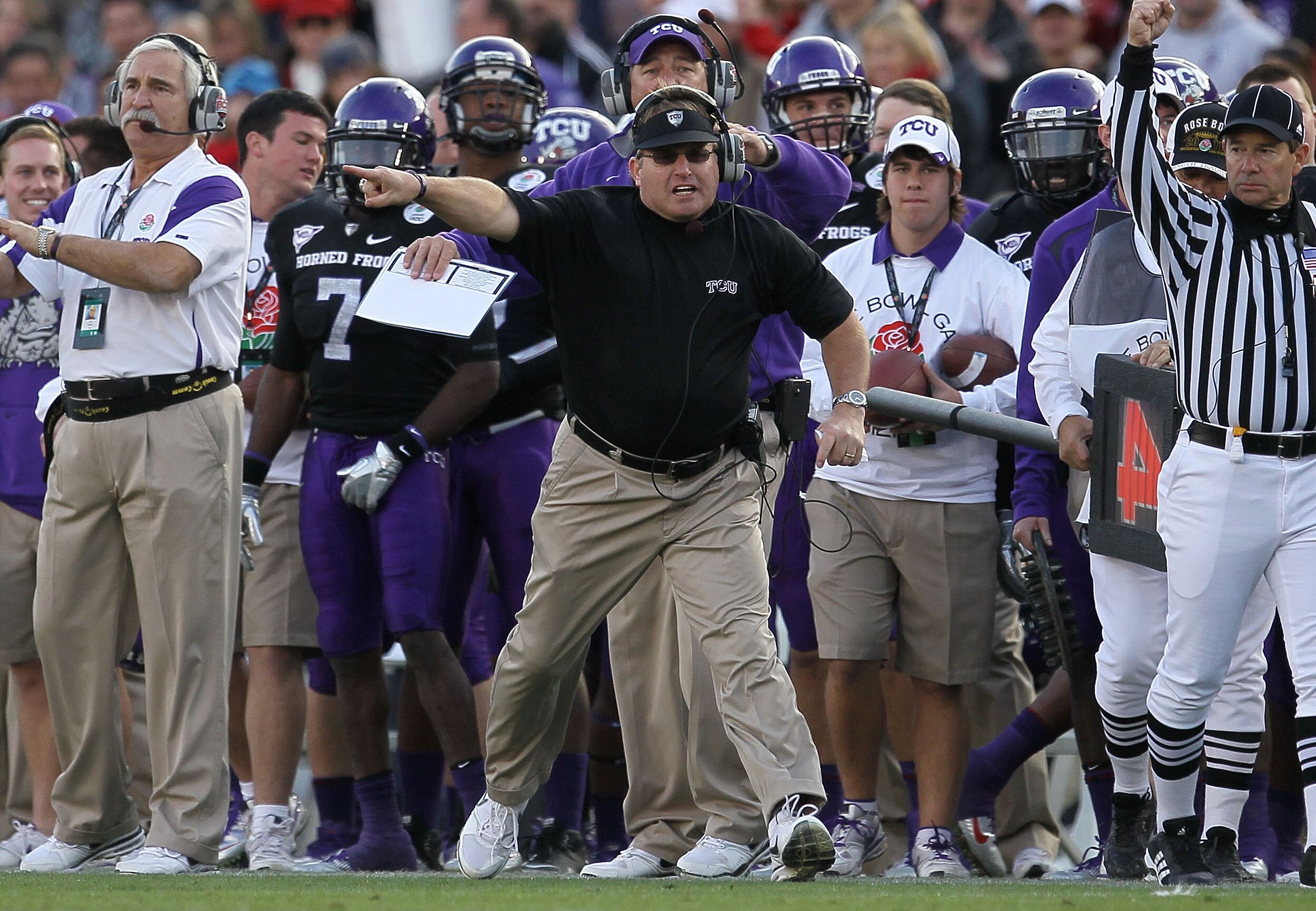 PASADENA, CA - JANUARY 01:  Head coach Gary Patterson of the TCU Horned Frogs stands on the sidelines against the Wisconsin Badgers during the 97th Rose Bowl game on January 1, 2011 in Pasadena, California.  (Photo by Stephen Dunn/Getty Images)