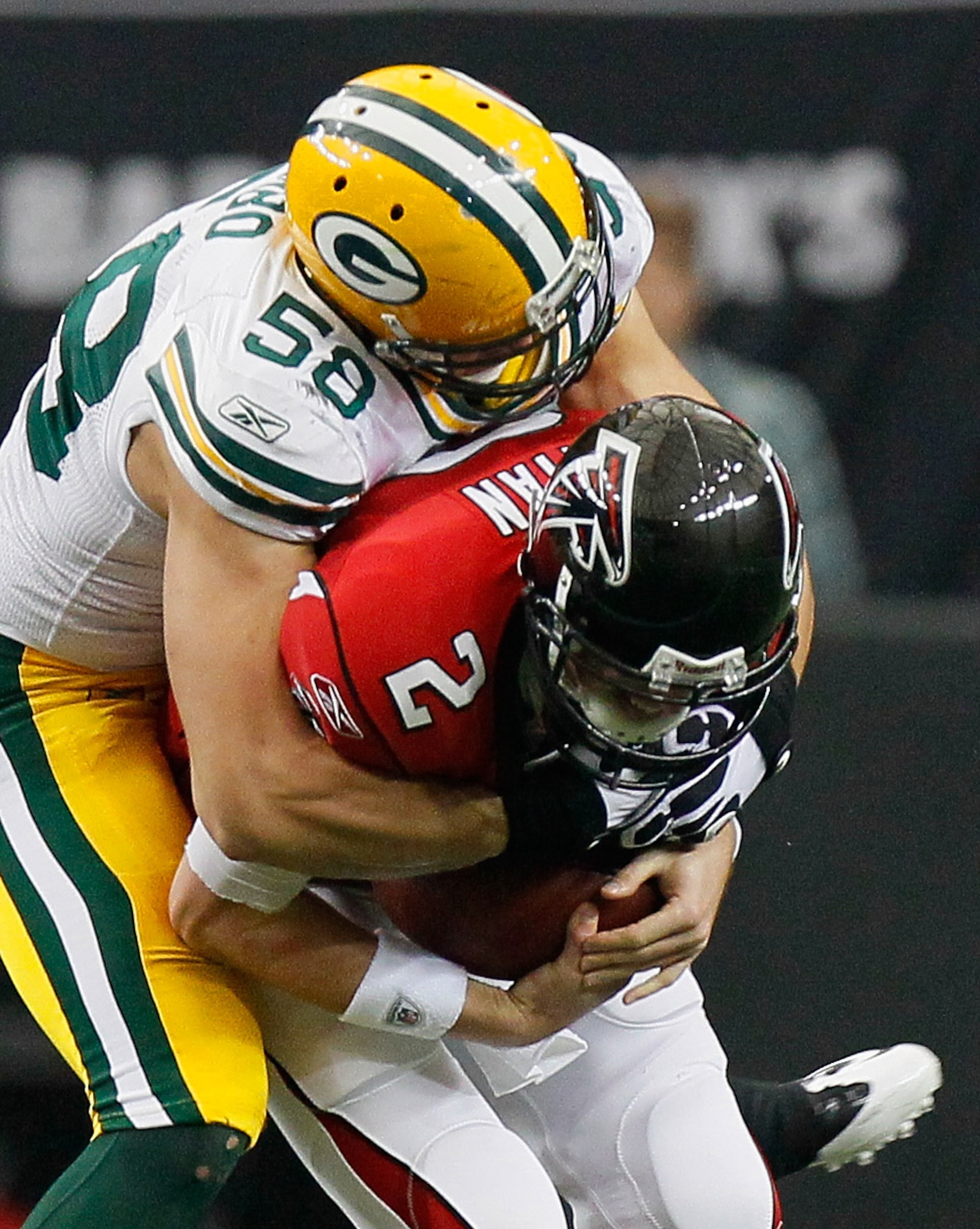ATLANTA - NOVEMBER 28:  Quarterback Matt Ryan #2 of the Atlanta Falcons is sacked Frank Zombo #58 of the Green Bay Packers at Georgia Dome on November 28, 2010 in Atlanta, Georgia.  (Photo by Kevin C. Cox/Getty Images)