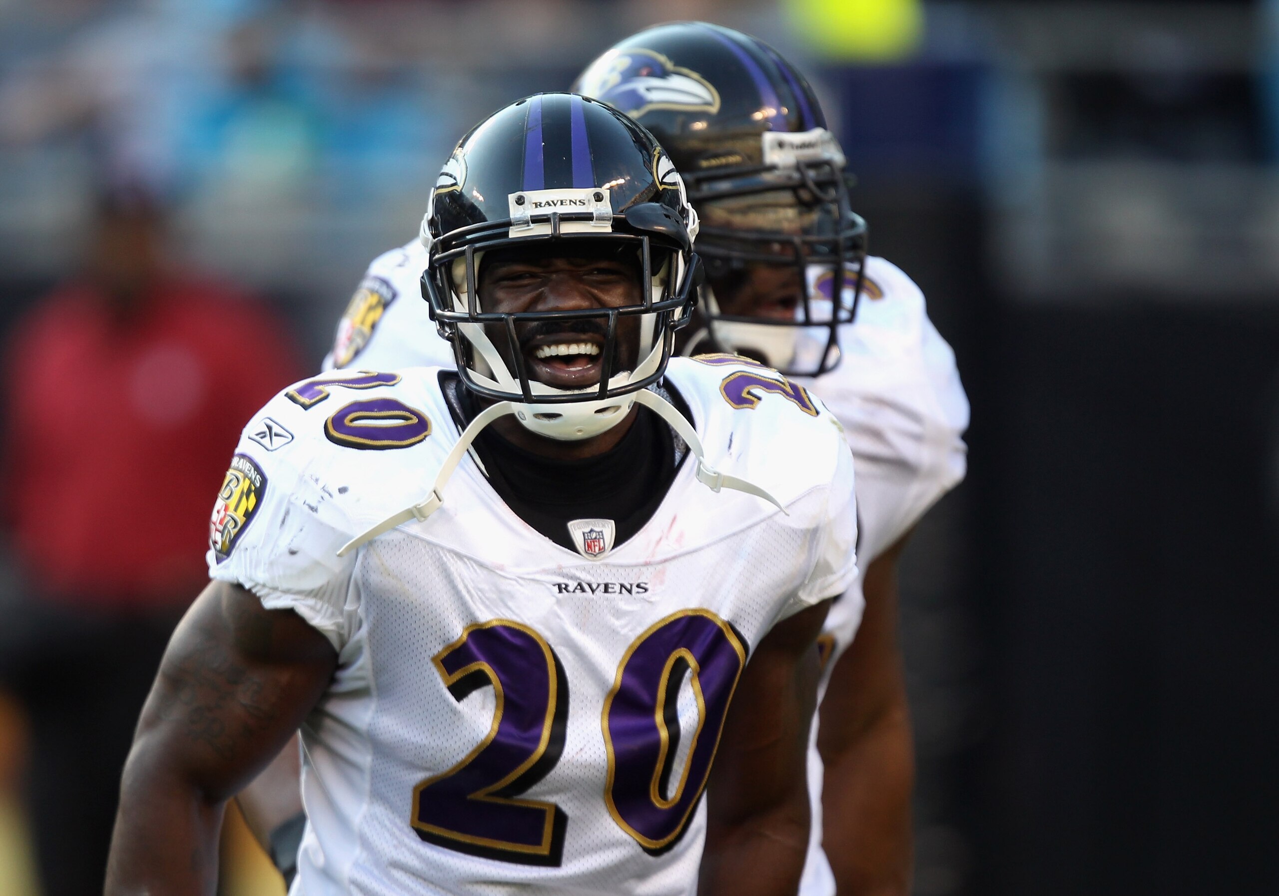 CHARLOTTE, NC - NOVEMBER 21: Teammates Ed Reed #20 and Ray Lewis #52 of the Baltimore Ravens celebrate after a defensive stop against the Carolina Panthers at Bank of America Stadium on November 21, 2010 in Charlotte, North Carolina. (Photo by Streeter CHARLOTTE, NC - NOVEMBER 21: Teammates Ed Reed #20 and Ray Lewis #52 of the Baltimore Ravens celebrate after a defensive stop against the Carolina Panthers at Bank of America Stadium on November 21, 2010 in Charlotte, North Carolina. (Photo by Streeter