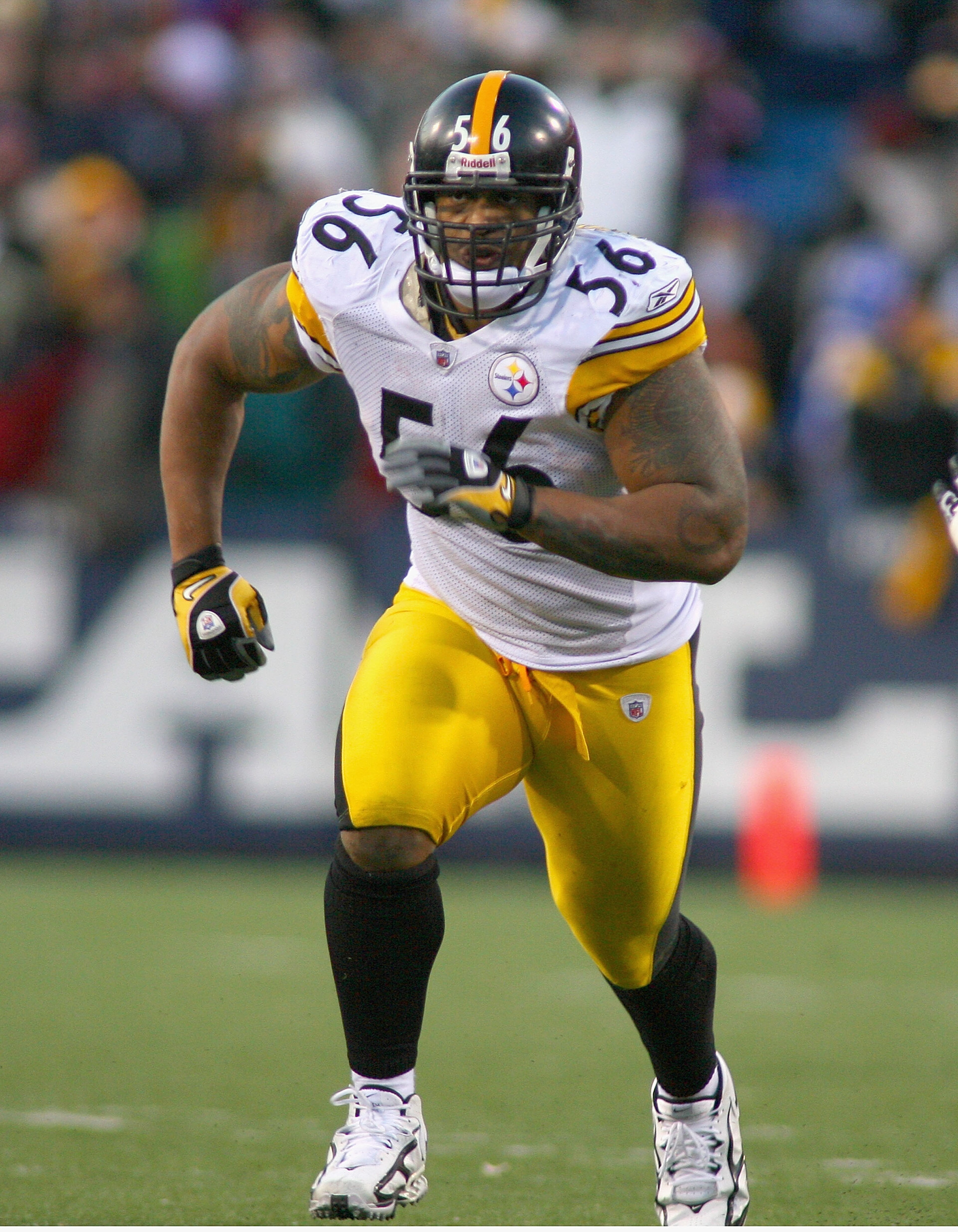 ORCHARD PARK, NY - NOVEMBER 28: LaMarr Woodley  #56 of the Pittsburgh Steelers plays against the Buffalo Bills  at Ralph Wilson Stadium at Ralph Wilson Stadium on November 28, 2010 in Orchard Park, New York. Pittsburgh won 19-16 in overtime. (Photo by Ric
