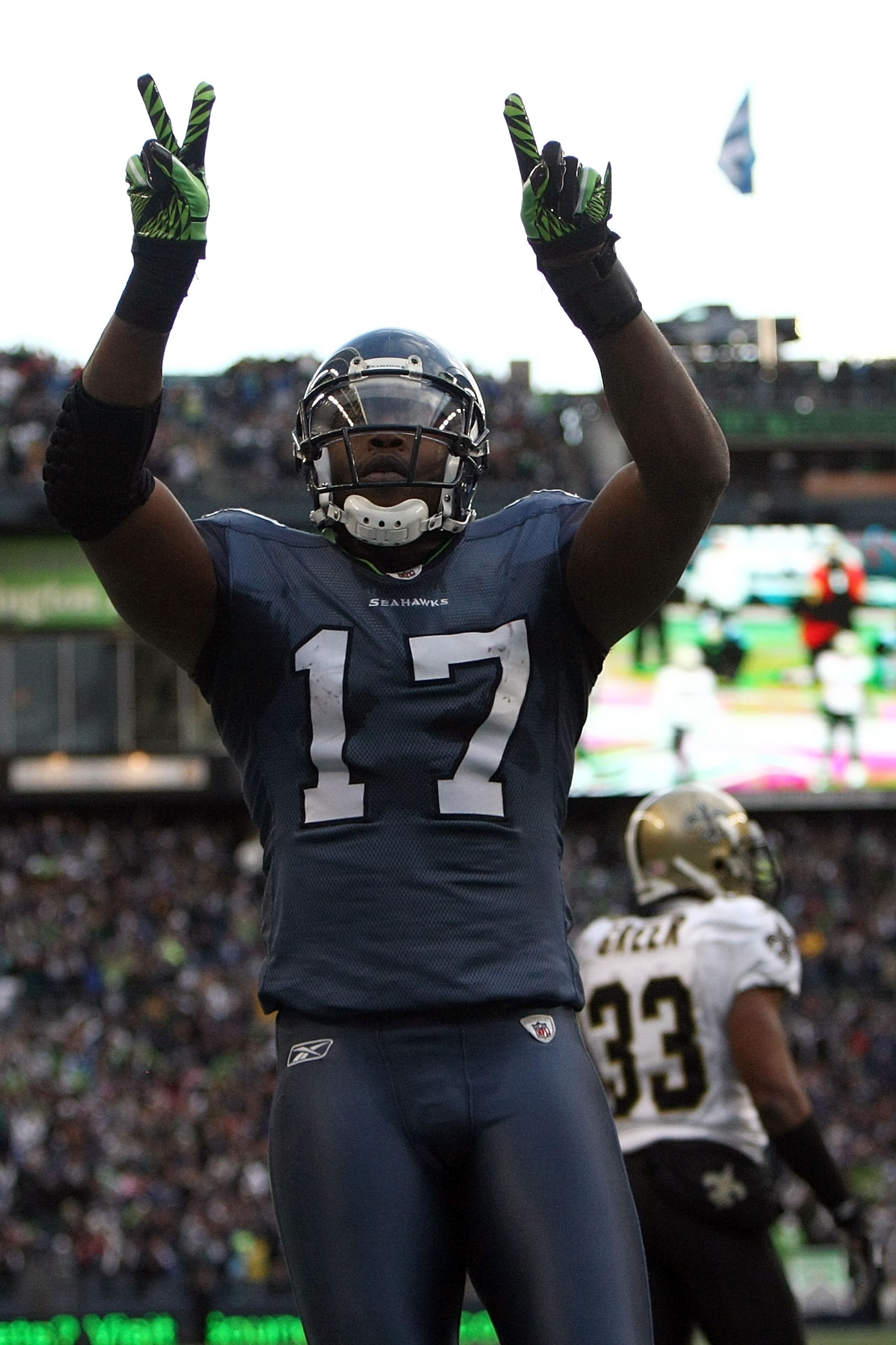SEATTLE, WA - JANUARY 08:  Wide receiver Mike Williams #17 of the Seattle Seahawks reacts after catching a 38-yard third quarter touchdown pass against the New Orleans Saints during the 2011 NFC wild-card playoff game at Qwest Field on January 8, 2011 in 